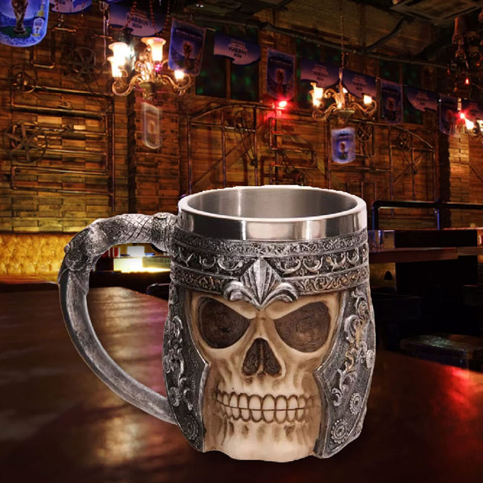 Chope de bière Viking en acier inoxydable et résine crâne médiévale