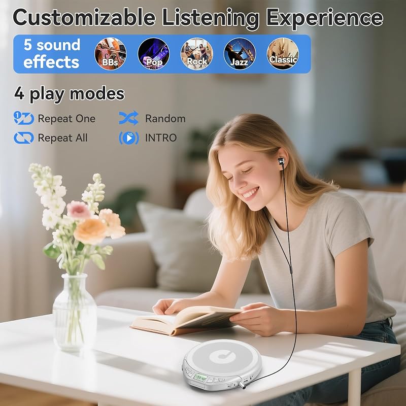 Player CD portabil KOVCDVI cu ecran LCD, suport CD R CD RW MP3, ieșire pentru căști, moduri de sunet BBS POP Rock Jazz CLAS, argintiu