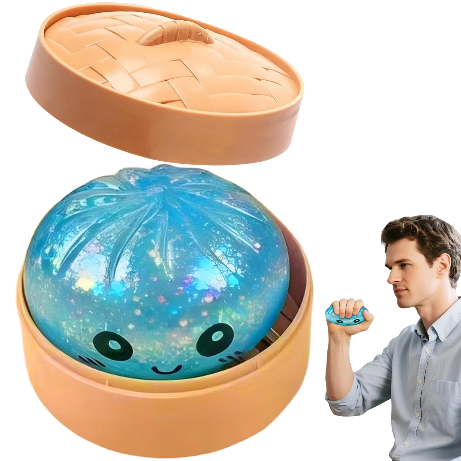 Mtbricey Dumpling Squishy Cute Simulated Steamed Buns Bao With Steamer Box Soft Decompression Dough for Anxiety Relief Non-Edible Dumpling Stress Balls For Adults Birthday Desk Decor (Glitter Blue) — image 1