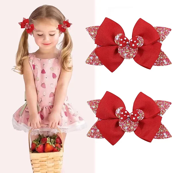 Sparkling Mouse Ears Bow Clips for Baby Girls – Set of 2 with Glitter Bows & Adorable Mouse Ears – Perfect for Girls' Birthdays, Back to School, Theme Parks & Parties (Red)