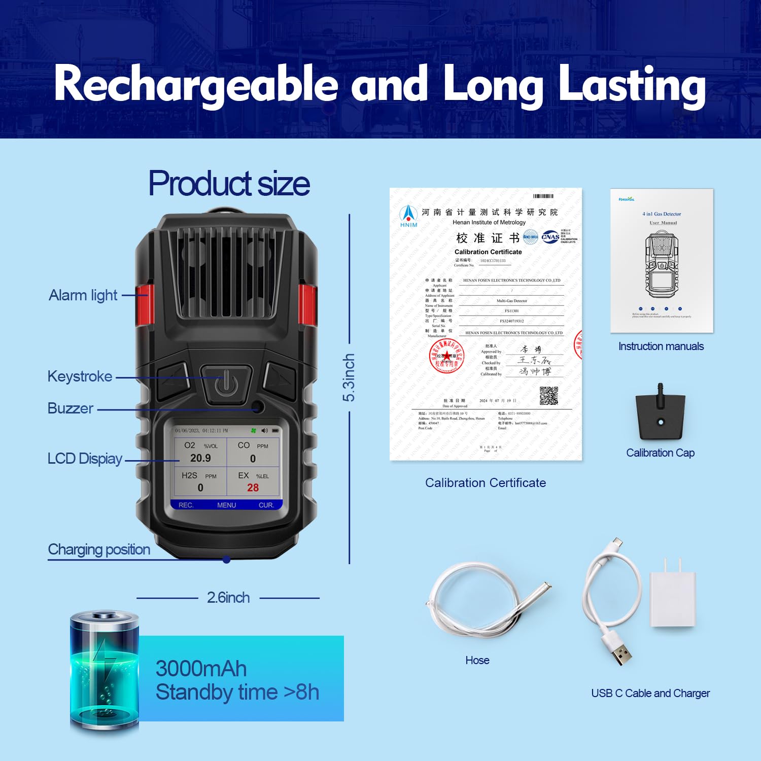 Detector de gas, 4 monitores de gas, detector de gas múltiple EX O2 H2S con clip, detector de gas recargable de 3000 mAh, registros de vista y curva, 4 monitores de gas portátiles con kit de