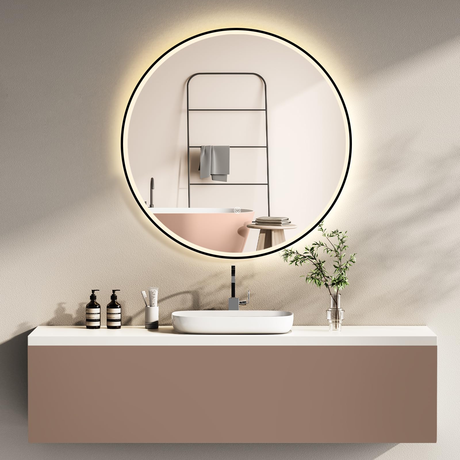 PESENXAN Ronde spiegel met verlichting, 60 cm, anti-condens, dimbaar, 3 lichtkleuren, led-badkamerspiegel met aanraakschakelaar, geheugenfunctie en energiebesparend, zwart