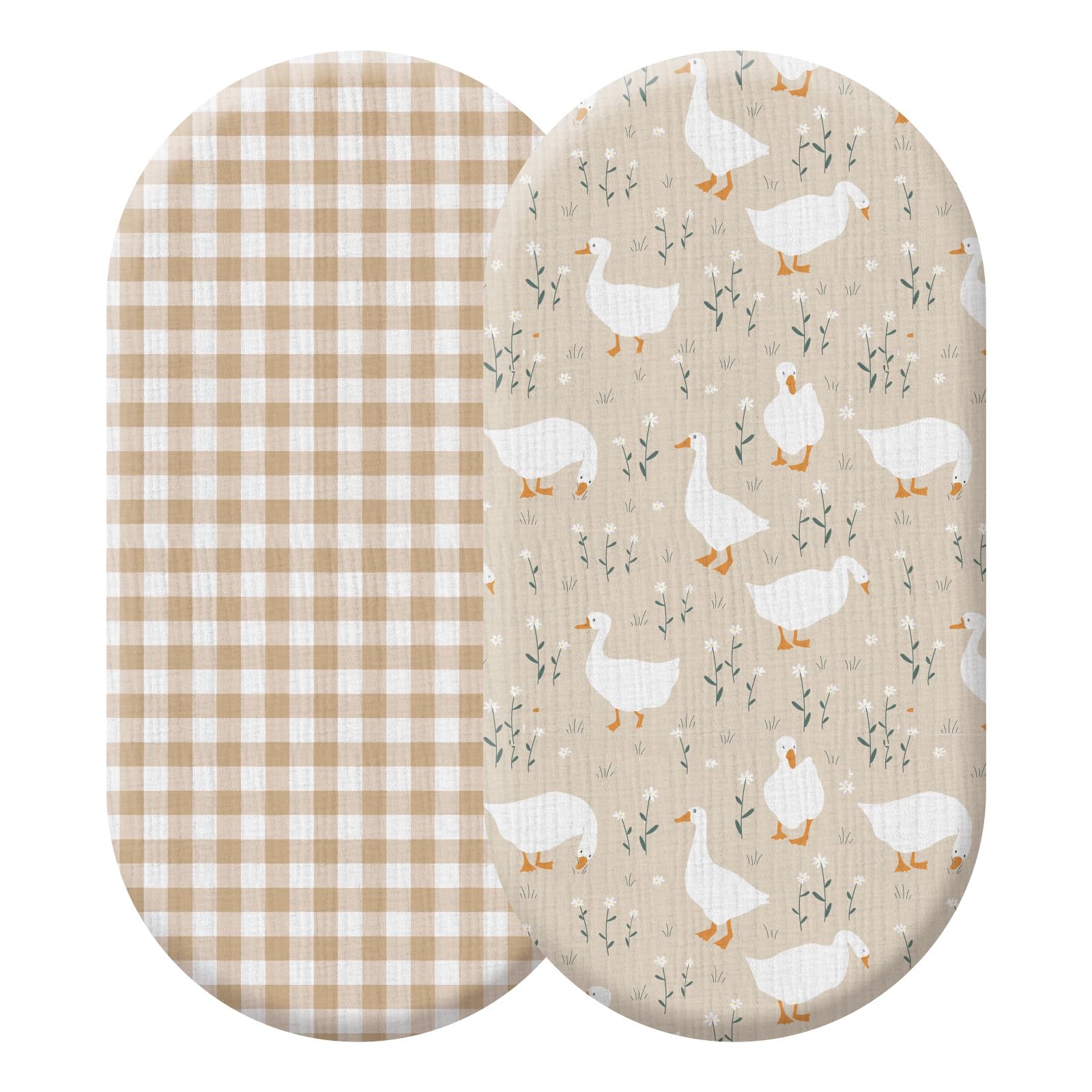 Breling 2 Pack Muslin Silly Goose and Khaki Gingham Baby Bassinet Sheets for Girls Boys Soft and Breathable Plaid Cradle Bed Cover for 32'' x 16" Oval Hourglass Infant Nursery Toddler Room Decor