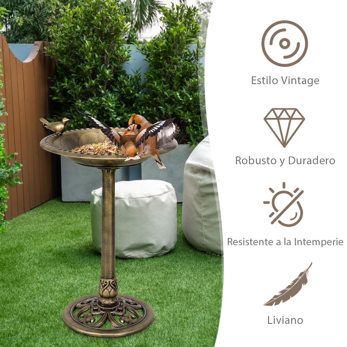 GYMAX Comedero Pajaros Exterior de PP, Bebedero Pajaros con 3 Clavos de Anclaje, Resistente a la Intemperie, Baño para Pájaros de 51 x 51 x 72 cm, Bañeras para Pájaros Decorativas de Jardín y Bosque