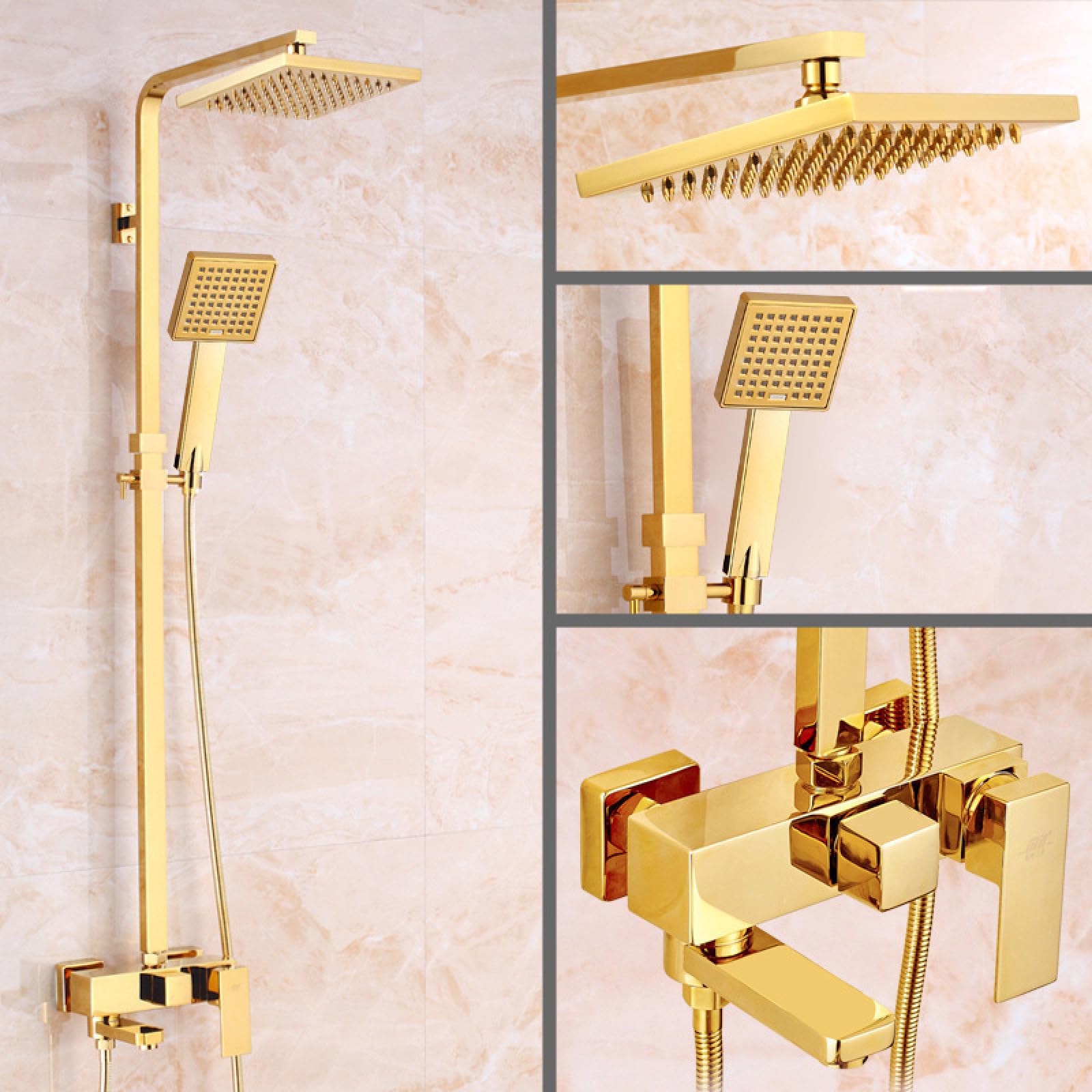 OZBMA Antique Full Copper Gold Shower Set Faucet Wall Mounted Bathroom Hot and Cold Mixed Water Bathtub Column Square