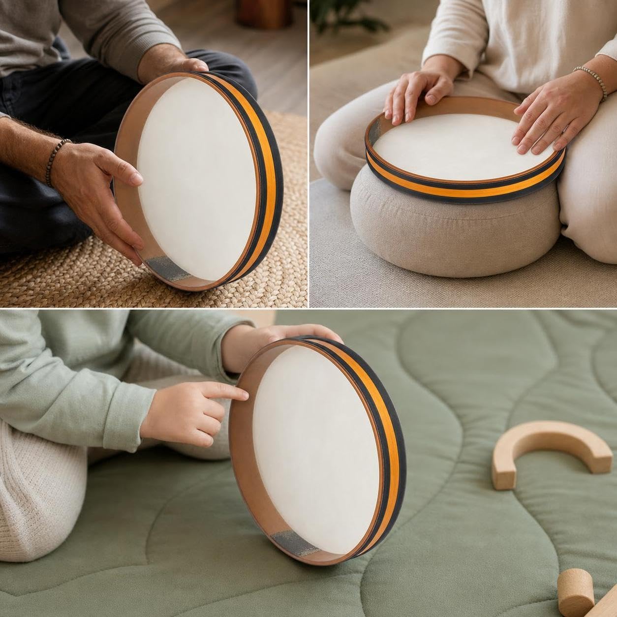 Tamburo Onda Oceanica Percussioni Doppio Lato per Effetto Realistico in Legno E Pelle Tocco Rilassante Adatto a Terapia Audio Meditazione Sala Benessere, 14 pollici