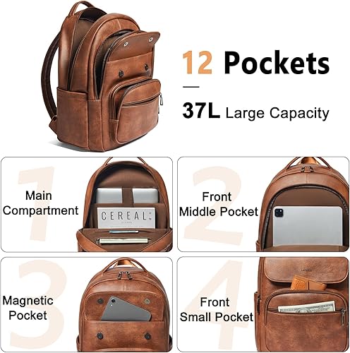 Miniatura 4 de Mochila de 37L para mujeres y hombres para el trabajo, mochila de viaje, monederos de cuero vegano a la moda, mochila para computadora portátil y