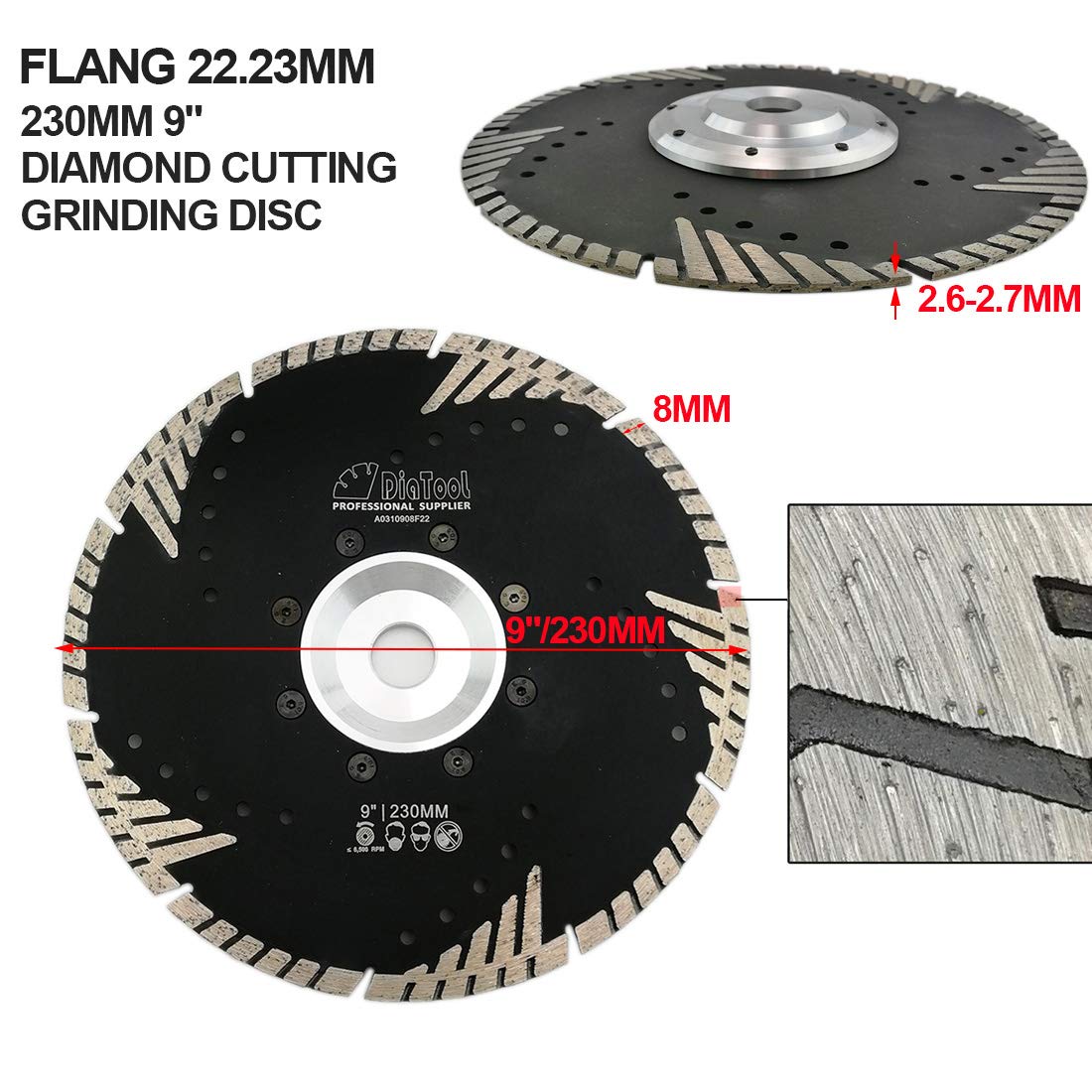 SHDIATOOL Disco de Corte de Diamante 230 x 22,23mm Hoja de Sierra con Turbo Slant Protection Dientes para Ladrillo Azulejos Cerámica Mármol Granito