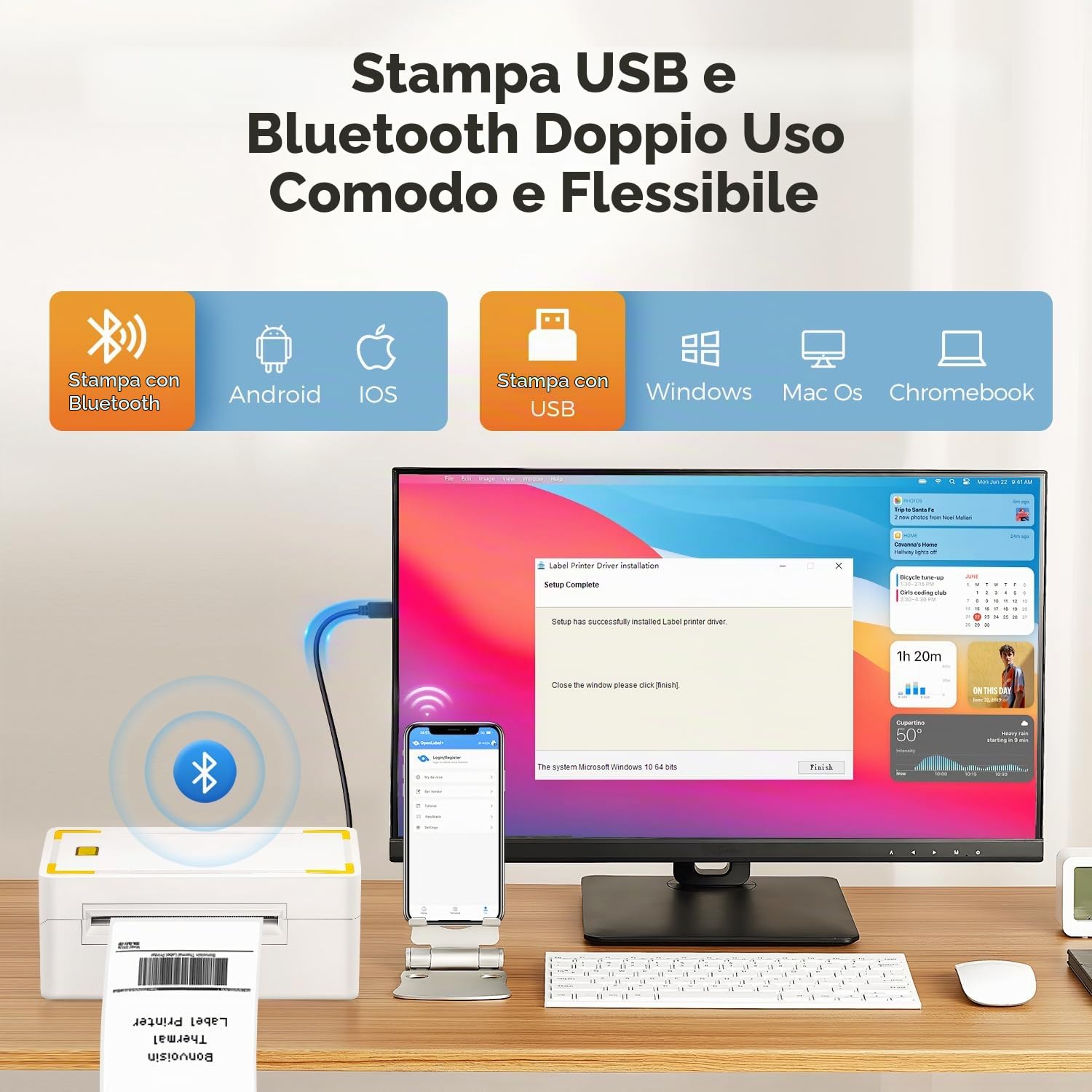 Bonvoisin Stampante termica per etichette, 4x6, stampante termica portatile USB e Bluetooth a doppio uso per ufficio, 150-180 mm/s, compatibile con Android e IOS (EU)