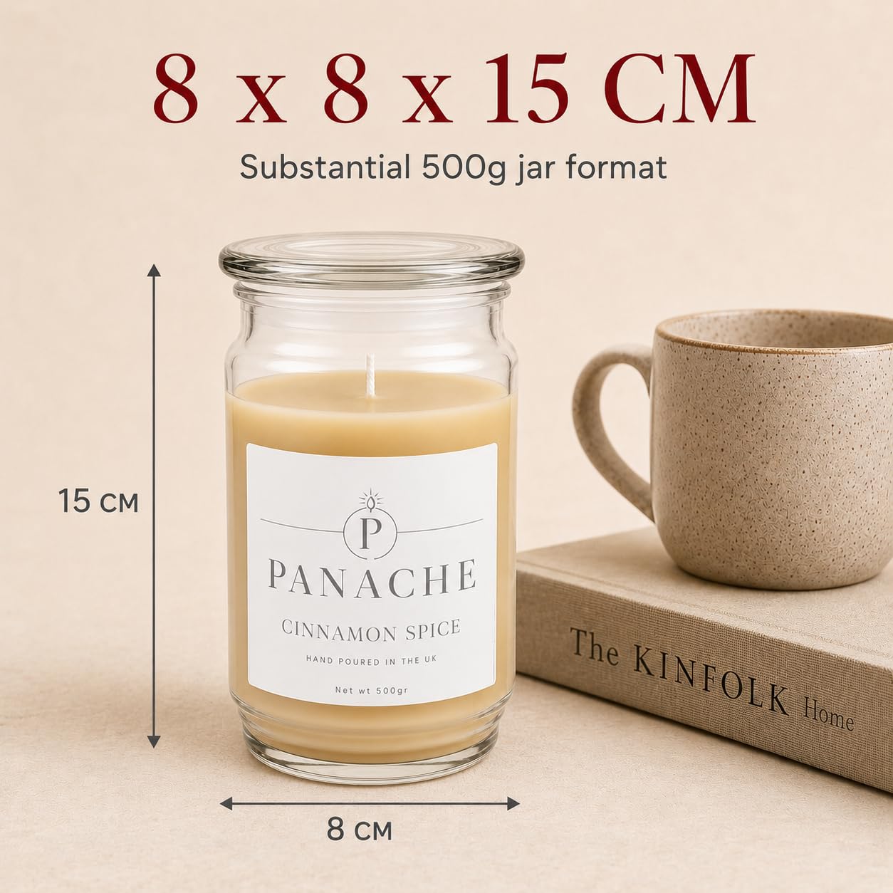 Panache Candela profumata alla cannella e spezie, barattolo di cera di soia da 500 g, combustione 60 ore, profumo classico speziato, ottimo regalo per donne, relax e decorazione