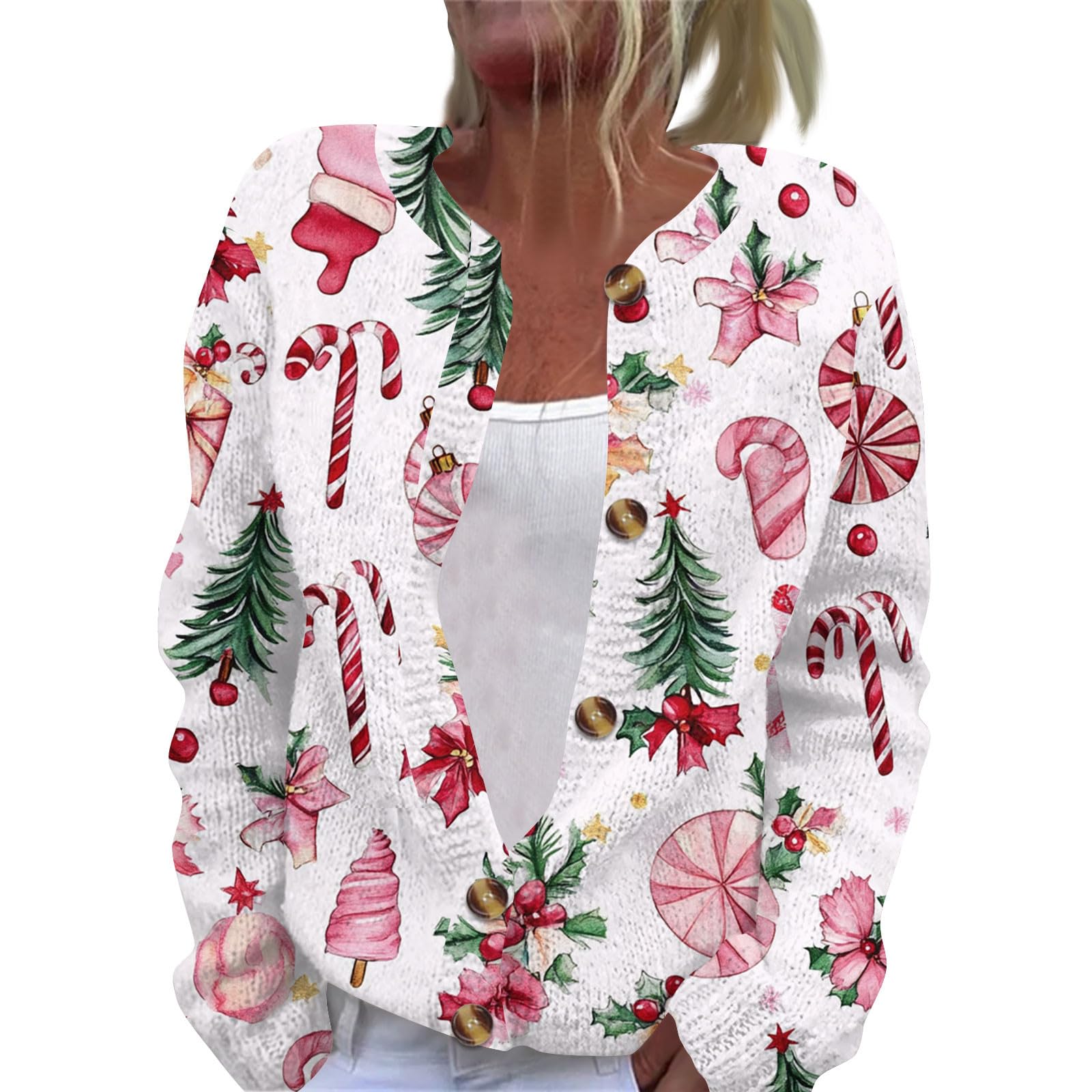 Ugly Christmas Sweater Women Open Front Button Down Long Sleeves Casual Jackets Warm Going Out Knitted Shacket Jacket