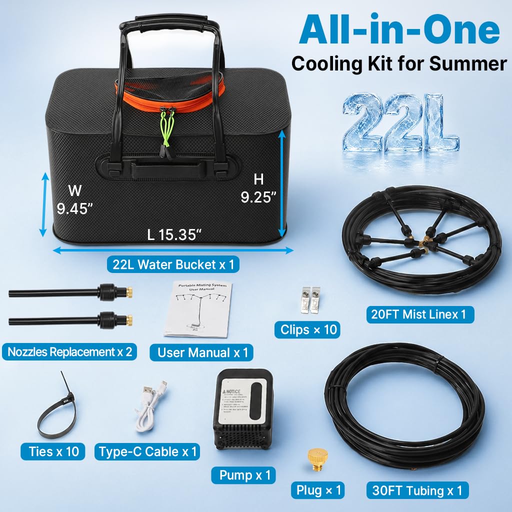 Bluepro Sistema de nebulización portátil de 50 pies para enfriar, rociadores para patio exterior con tanque plegable de 5.8 galones/22 L, bomba de 5200 mAh (IPX8) y 8 boquillas de latón ajustables