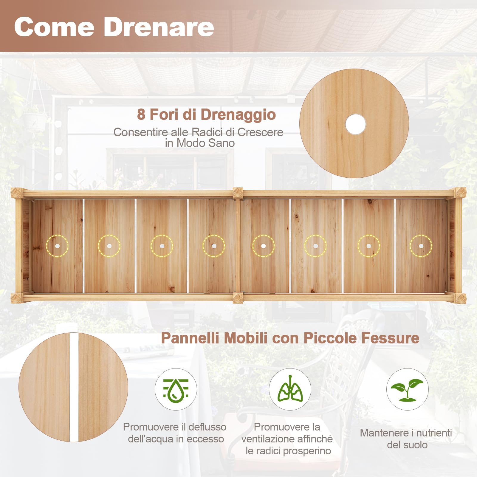 RELAX4LIFE Fioriera da Esterno, Orto Rialzato da Esterno con Divisore, Sistema di Drenaggio, Fodera in Tessuto Non Tessuto, Fioriera Legno per Verdure, Fiori, per Balcone, 227x59,5x40cm (Naturale)