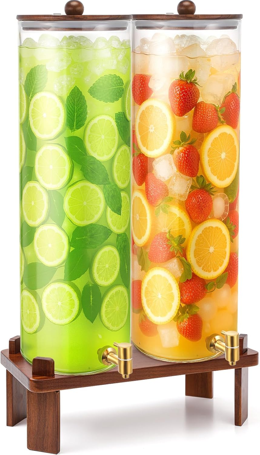 2 Pack 5 Gallon Glass Drink Dispenser with Acacia Wood Stand and Lid, Large Glass Beverage Dispenser with Spigot Perfect for Juice, Tea, Sangria, Lemonade, Weddings, Party, Outdoor Events 2 5 Gallon