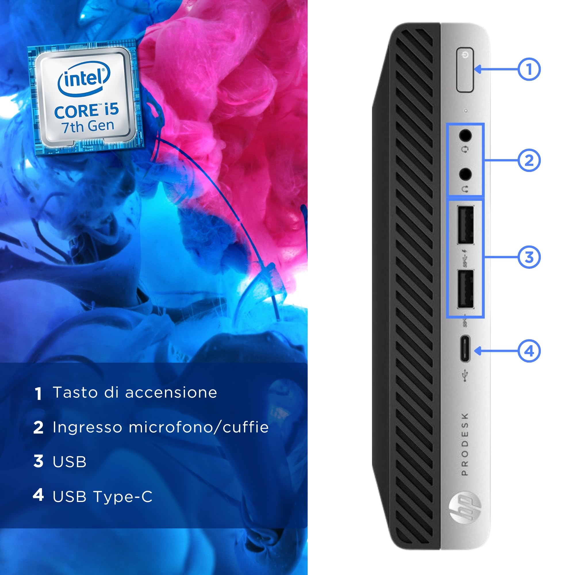 HP Prodesk, Mini Pc Tiny, Intel i5-7400T 4 Core 2.4Ghz, Ram 32Gb SSD 1000Gb, Win 10, Pc Desktop Mini Pronto all'uso con Libre Office e Chiavetta Wi-fi (Ricondizionato)