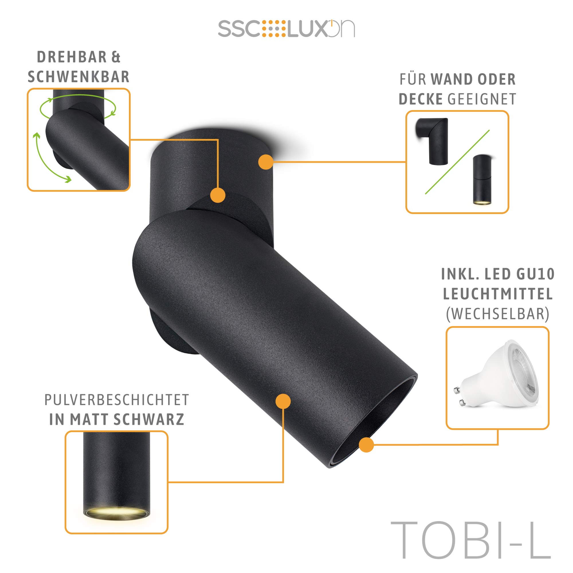 SSC-LUXon TOBI-L - Foco empotrable orientable negro con LED GU10 5 W (tres colores de luz ajustables 3CCT) - Foco LED de pared o techo