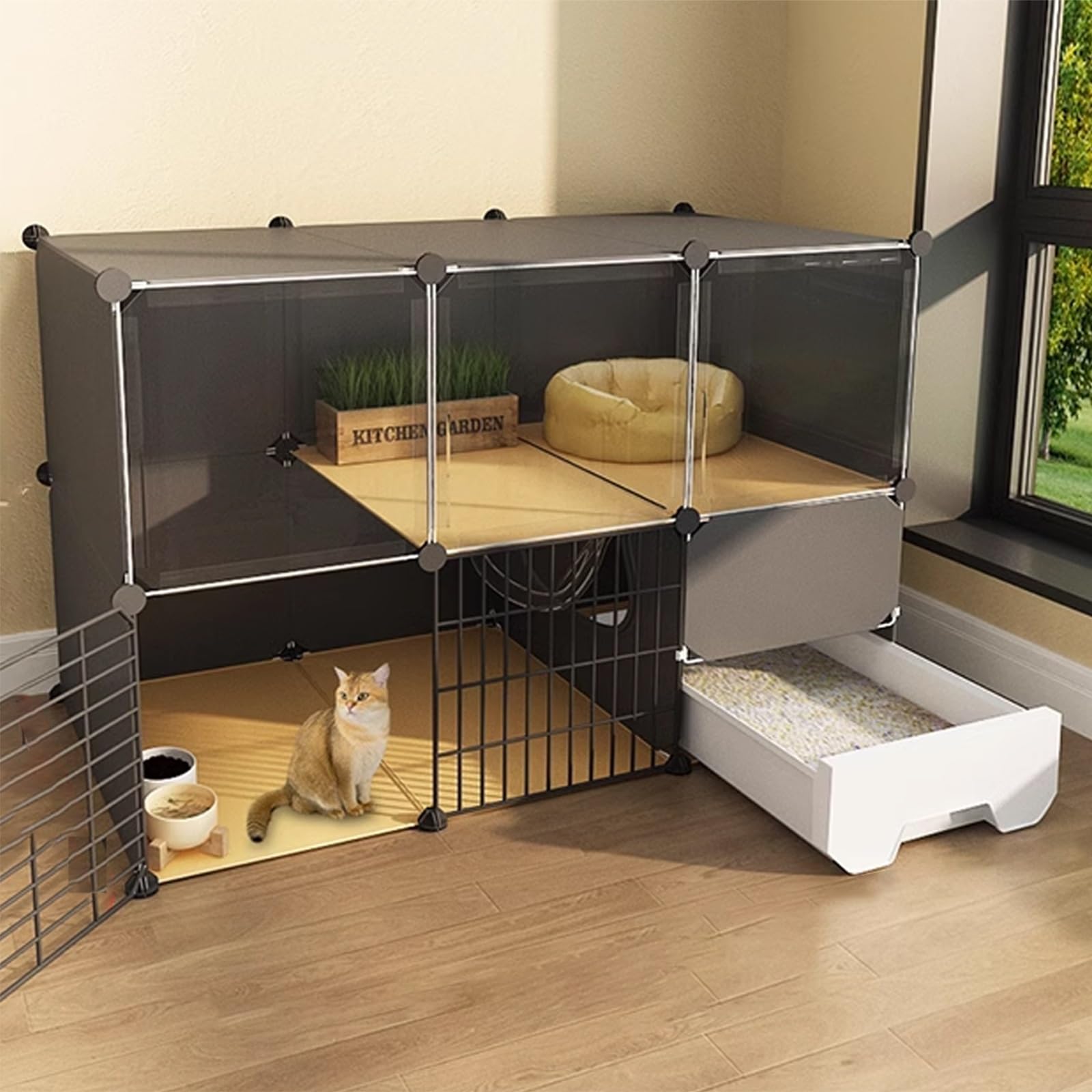 Enclos extérieur pour chat solide contre la pluie et cage d'intérieur avec fenêtres HD