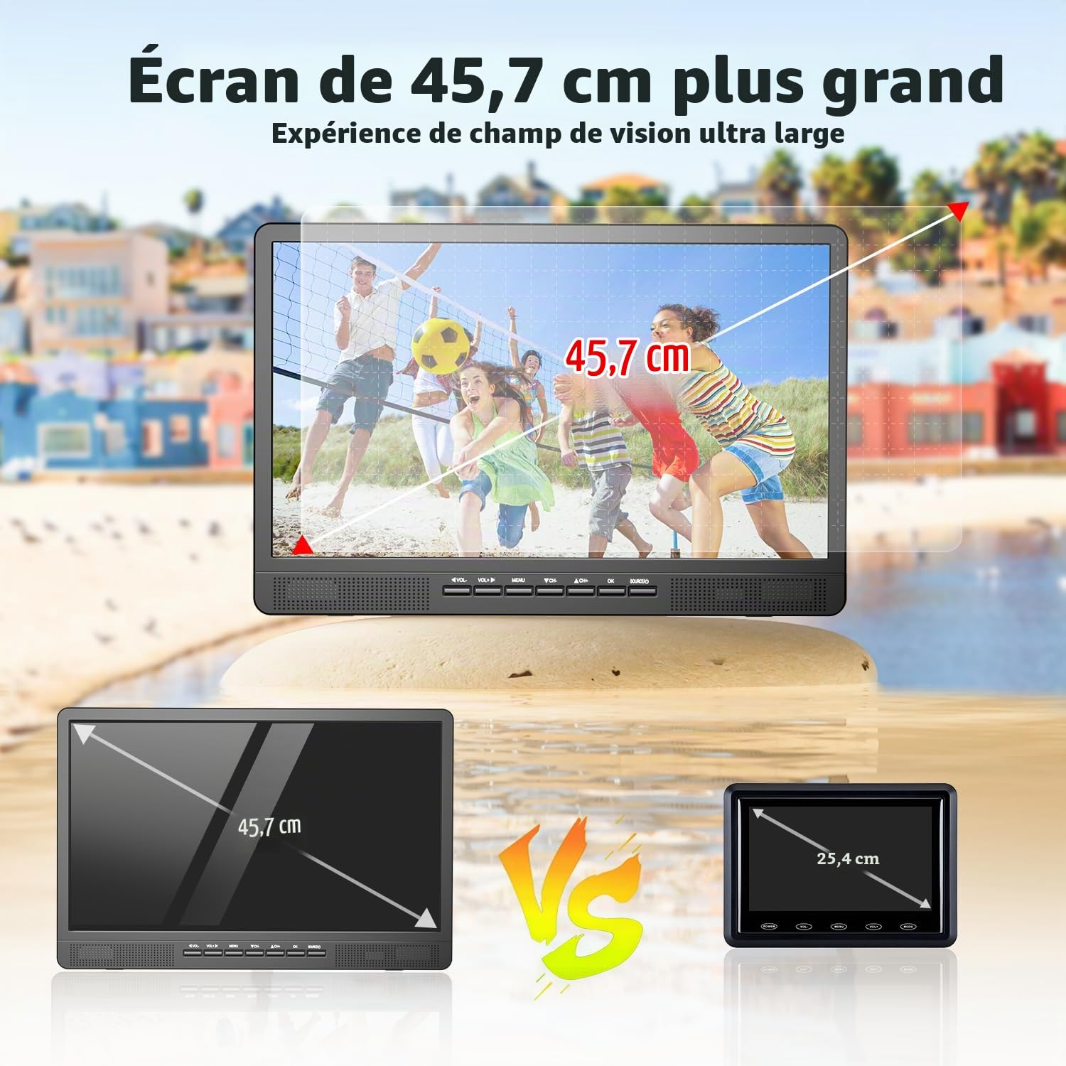 Desobry TV Portable 18 Pouces avec antenne, Mini TV avec Tuner DVB/T2 | Mini téléviseur LCD 12V, HD 1080P, pour Le Camping en Plein air, la Chambre, la Cuisine, supporte Les entrées USB/HDMI/AV