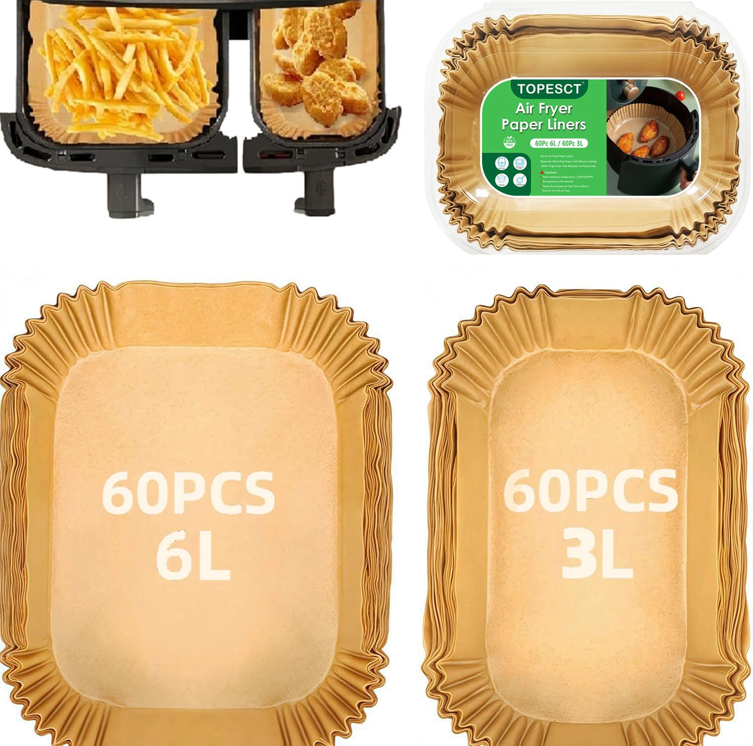 TopEsct Heißluftfritteuse Backpapier für Philips Airfryer Dual Basket 3000/5000 Series (6L/3L), 120Stück Heißluftfritteuse Zubehör für Tefal 5,2/3,1 L Dual Easy Fry, Cookwise 2 Kammern
