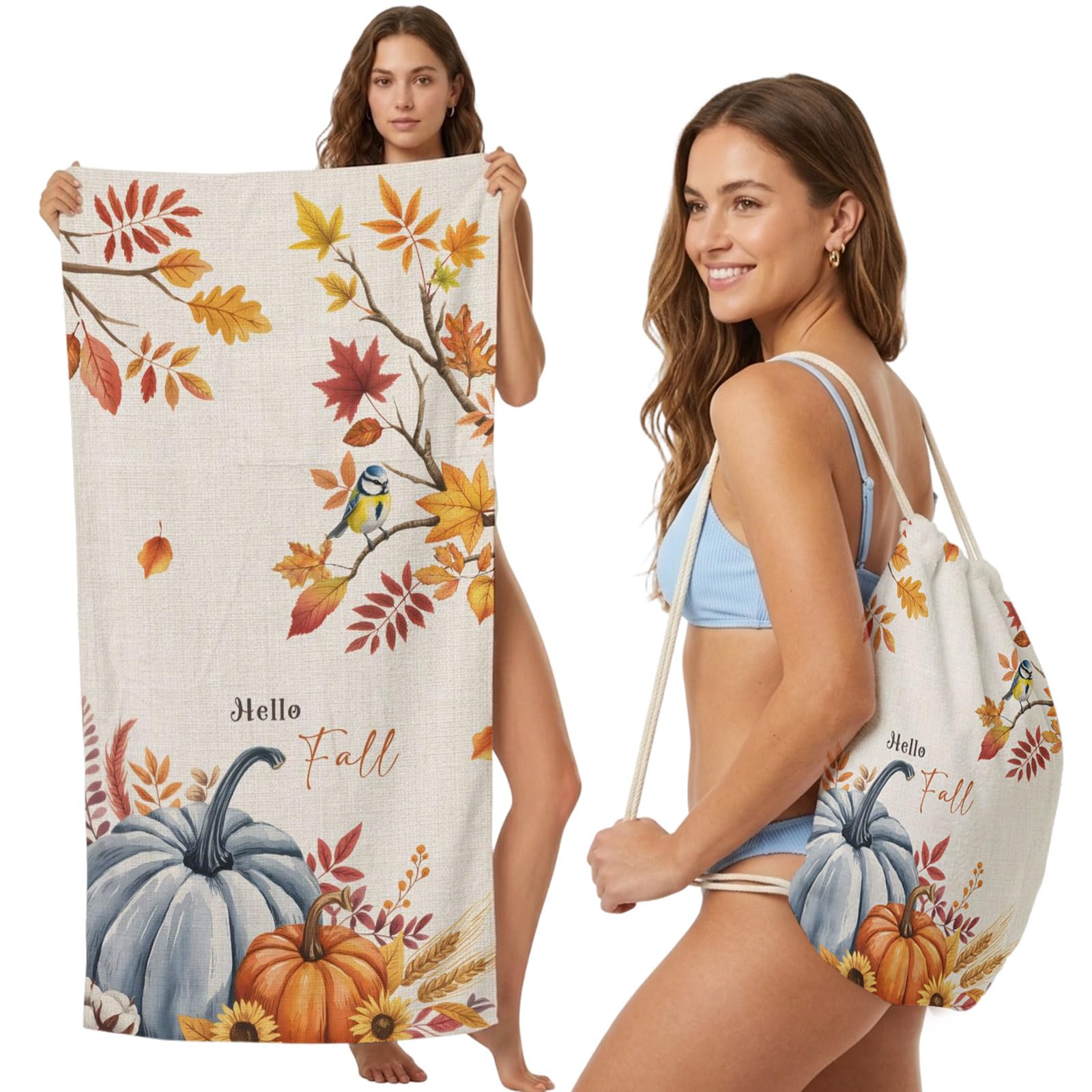 FWJZDSP 2-in-1 Beach Towel Backpack,Vintage Thanksgiving Pumpkin Bath Towel with Built-in Storage Maple Leaf on Linen Convertible Foldable Beach Blanket for Travel Pool Gym Camping Swim,31x63in