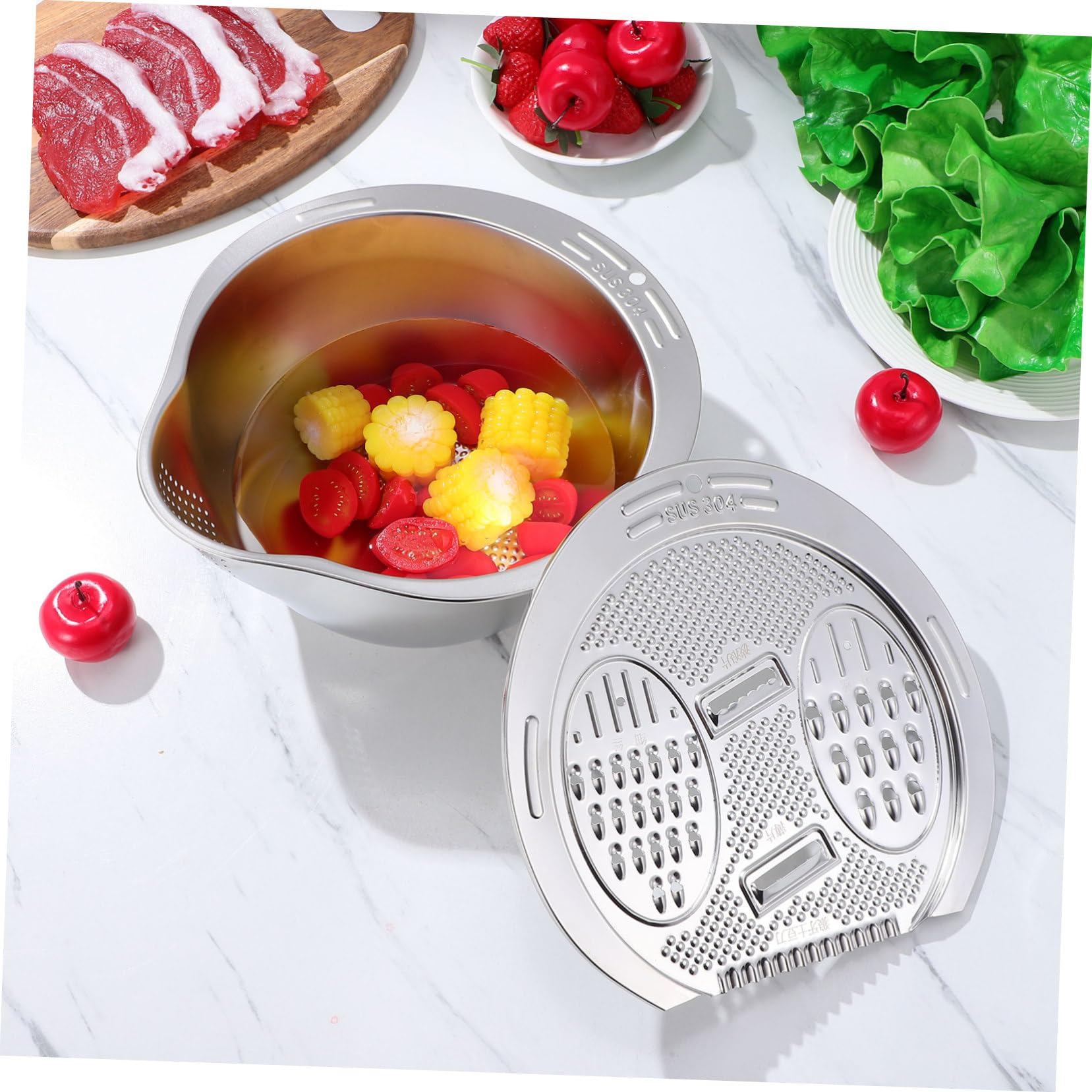 TEHAUX Cuenco de Acero Inoxidable para Lavar Arroz y Verduras Colador Multifuncional de Gran Capacidad Escurridor Resistente y Compacto para Cocina