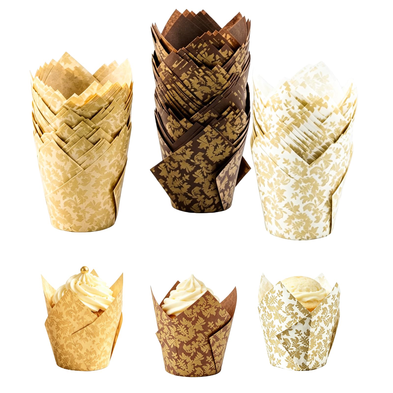 200 Pcs Tulip Muffin Cases for Baking, Tulip Cupcake Cases Greaseproof Muffin Cups, Small Large Muffin Cases Muffin Liners, Cup Cake Cases for Baking Christmas Wedding Birthday Party, Printing Style B
