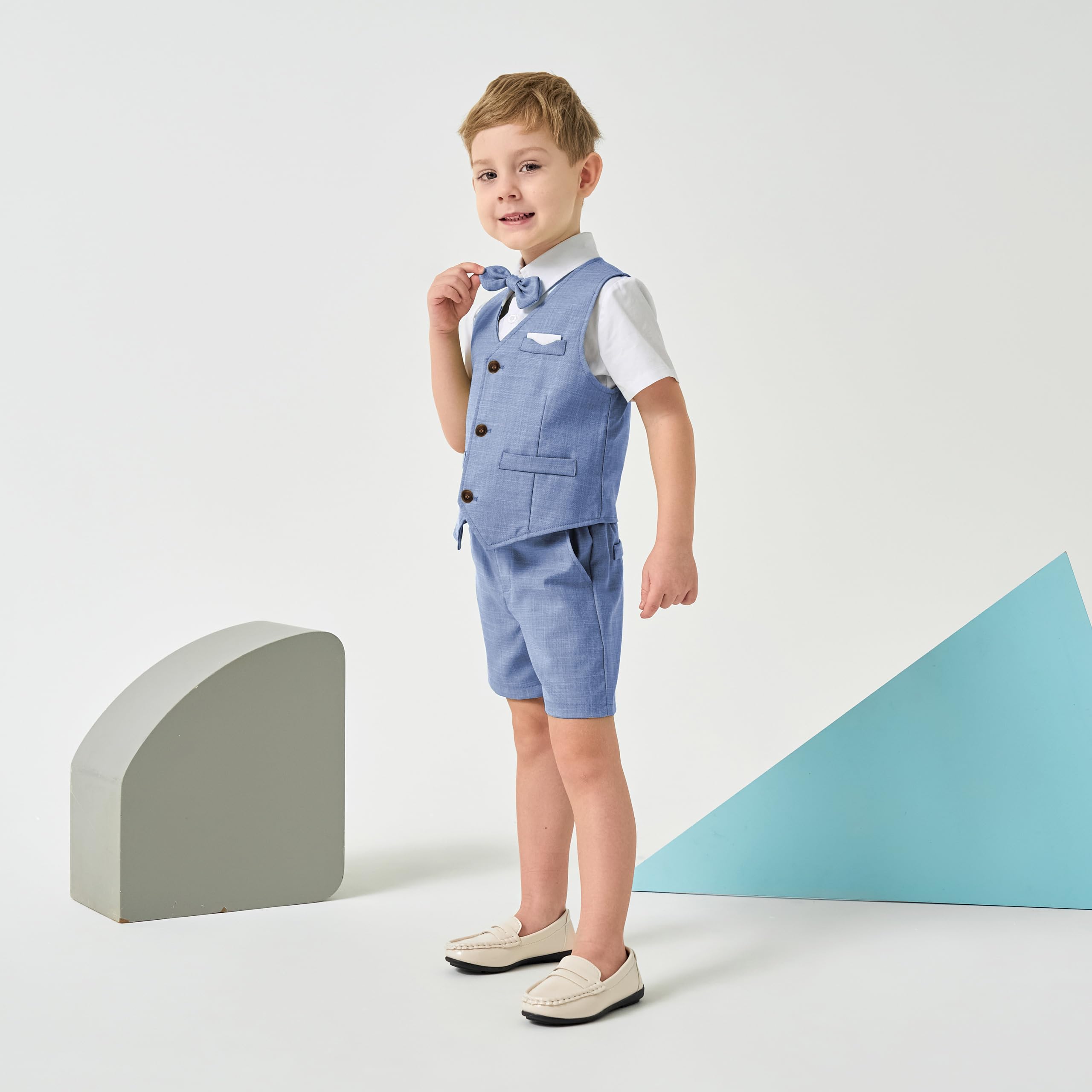 Volunboy Completo Elegante Bambino Camicie + Papillon + Gilet + Pantaloncini, Estivi Cerimonia Nozze Abbigliamento 4 Pezzi