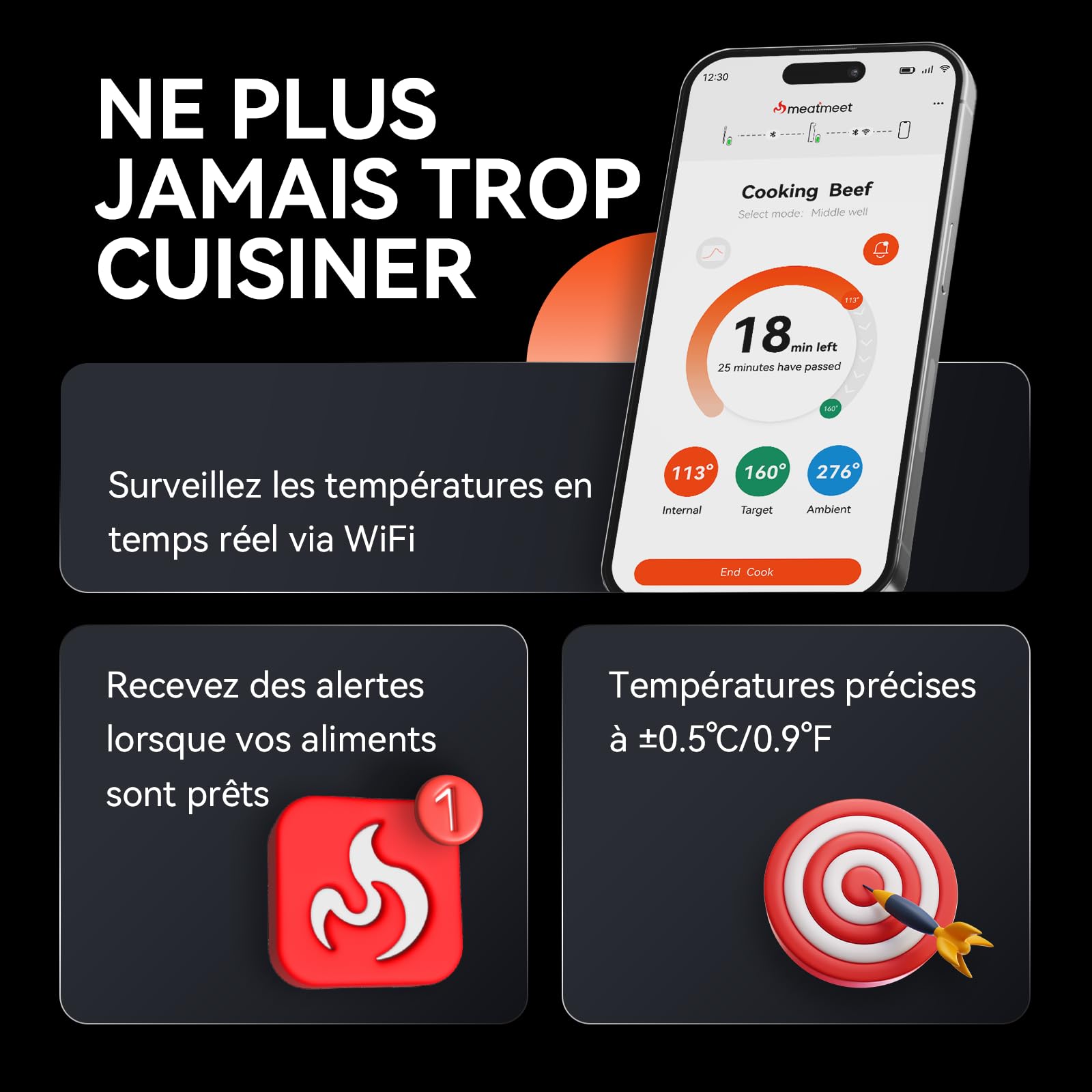 Thermomètre à viande Wi-Fi | Sonde sans fil longue portée pour four, gril, friteuse à air, barbecue | Capteurs doubles | Étanchéité IP67