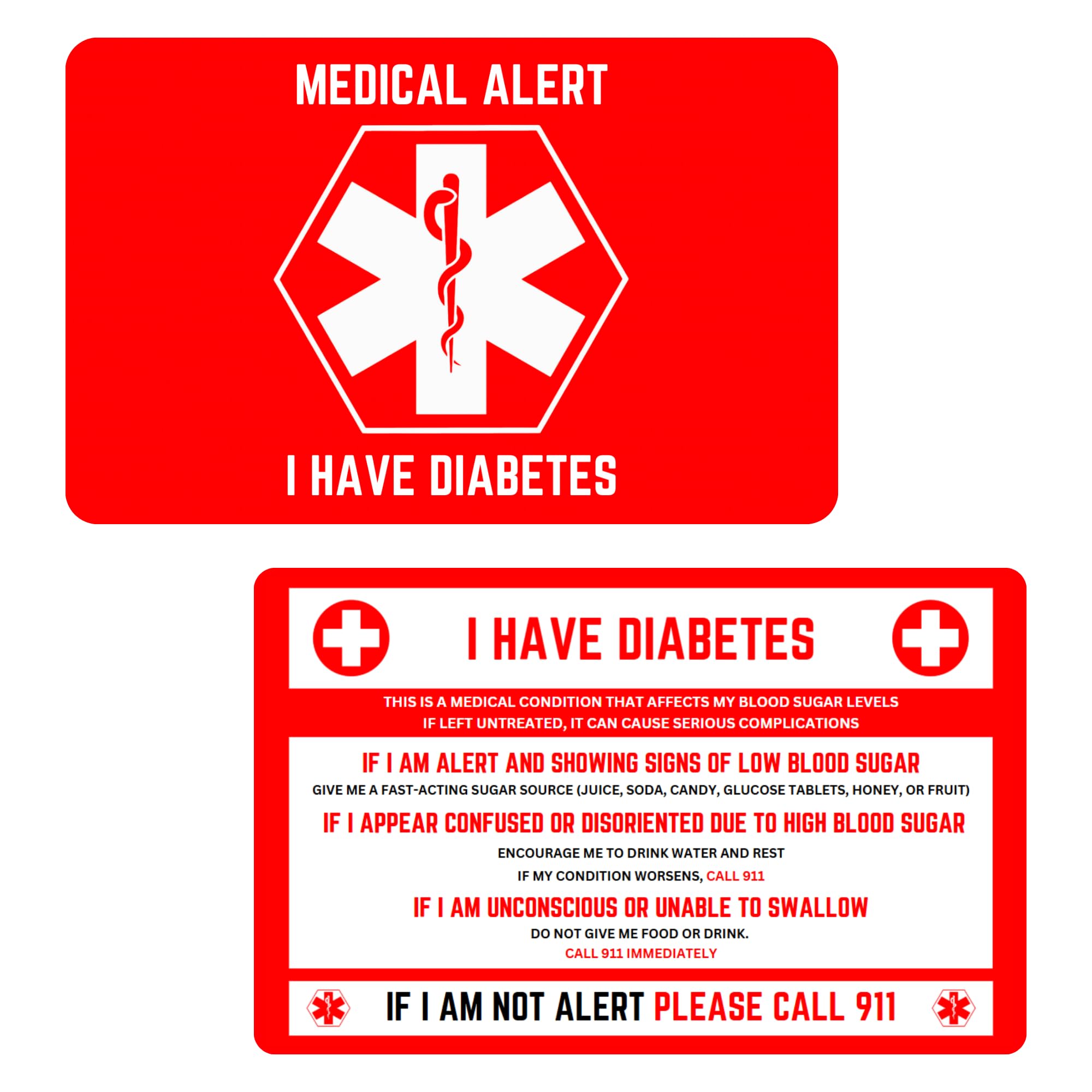 Tarjeta de alerta médica para diabetes, tamaño tarjeta de crédito, suministros para emergencias diabéticas, suministros y equipos médicos para el cuidado de la diabetes, juego de 2