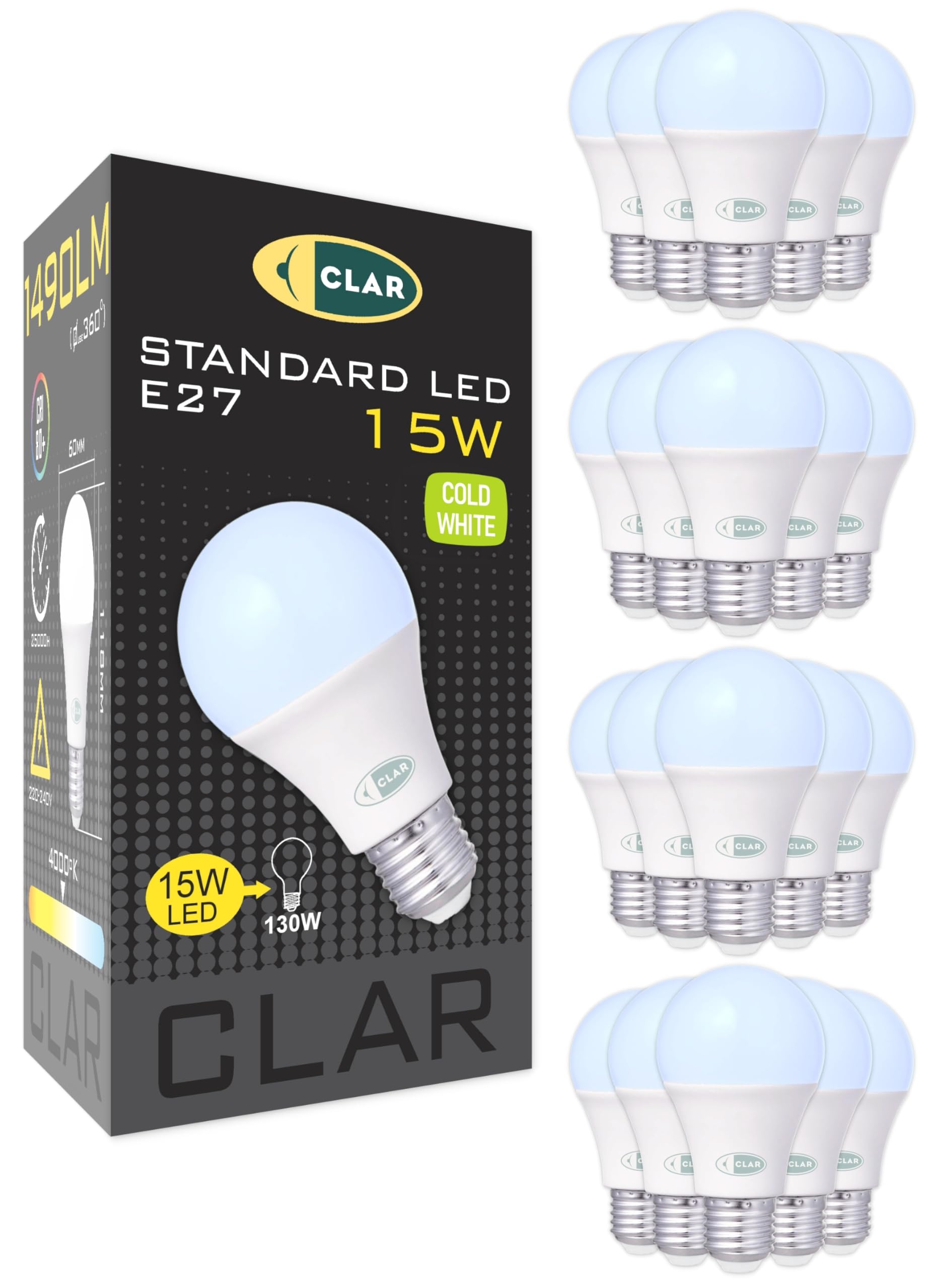 CLAR - E27 15W Cool White LED Bulb, 1200 Lumens, 6000K, Pack of 20, Cool White (6000ºk), 15W (Pack 20)