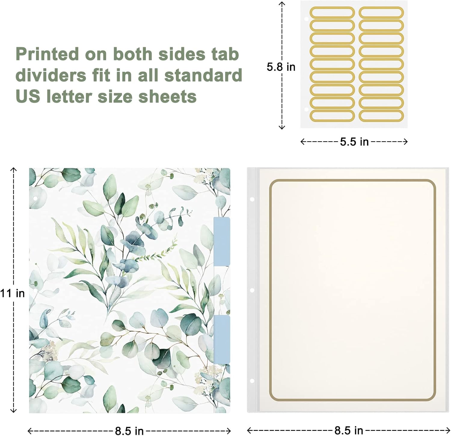 Rouidr 3 Ring Binder with clipboard, 1 inch 8.5 x 11 in Letter Size View Binders Organizer with Dividers Tabs & Clear Sleeves, School Supplies, Office Supplies, Eucalyptus Leaf