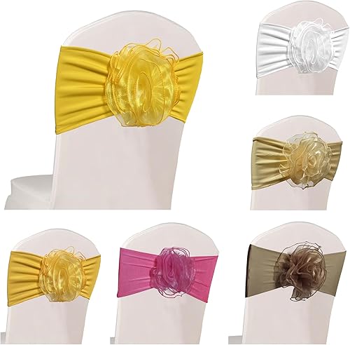 Miniatura 7 de SFN 2 fajas de silla de flores amarillas para silla, bandas de elastano para bodas, banquetes, cumpleaños, eventos, decoración de hoteles