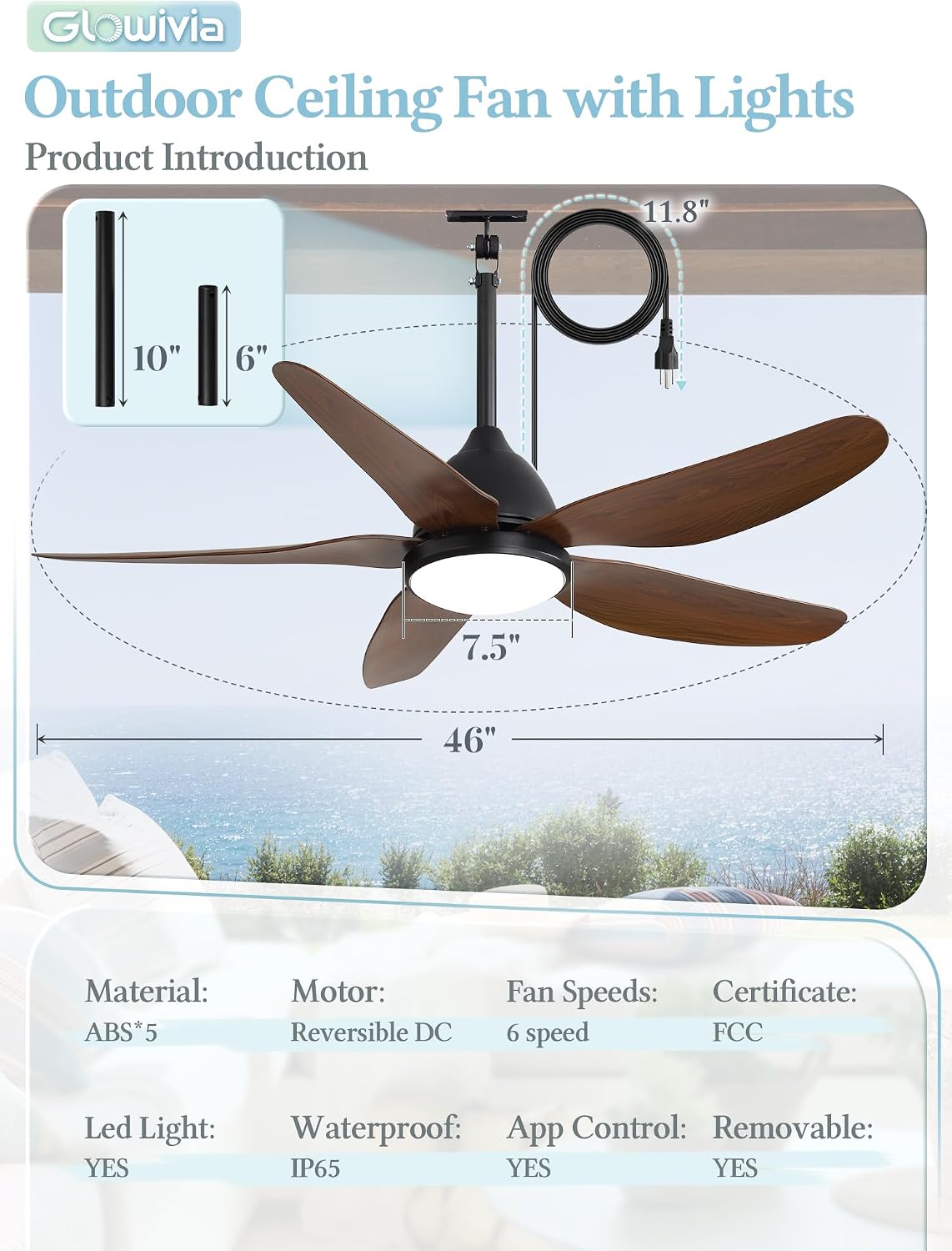 46" Outdoor Ceiling Fan with Lights, IP65 Waterproof Gazebo Fan with Remote Control 6-Speeds DC Motor, Brown Plug in Hanging Fan for Patio Porch Pergola