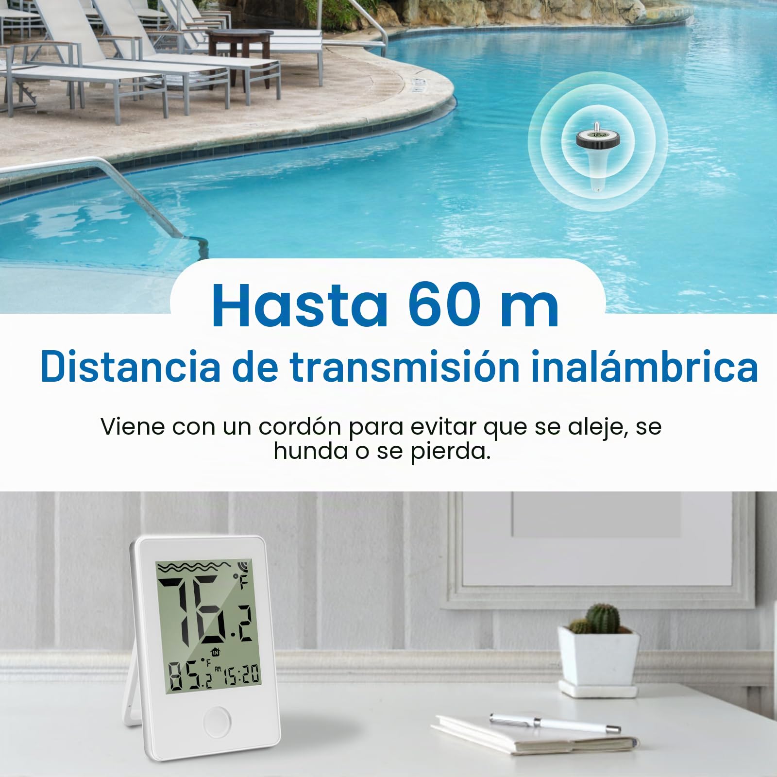 Termómetro Inalámbrico para Piscina, Termómetro Digital Flotante Inalámbrico Resistente al Agua IP67, Interiores y Exteriores Termómetro para Piscinas, Acuarios, Bañeras, Estanques