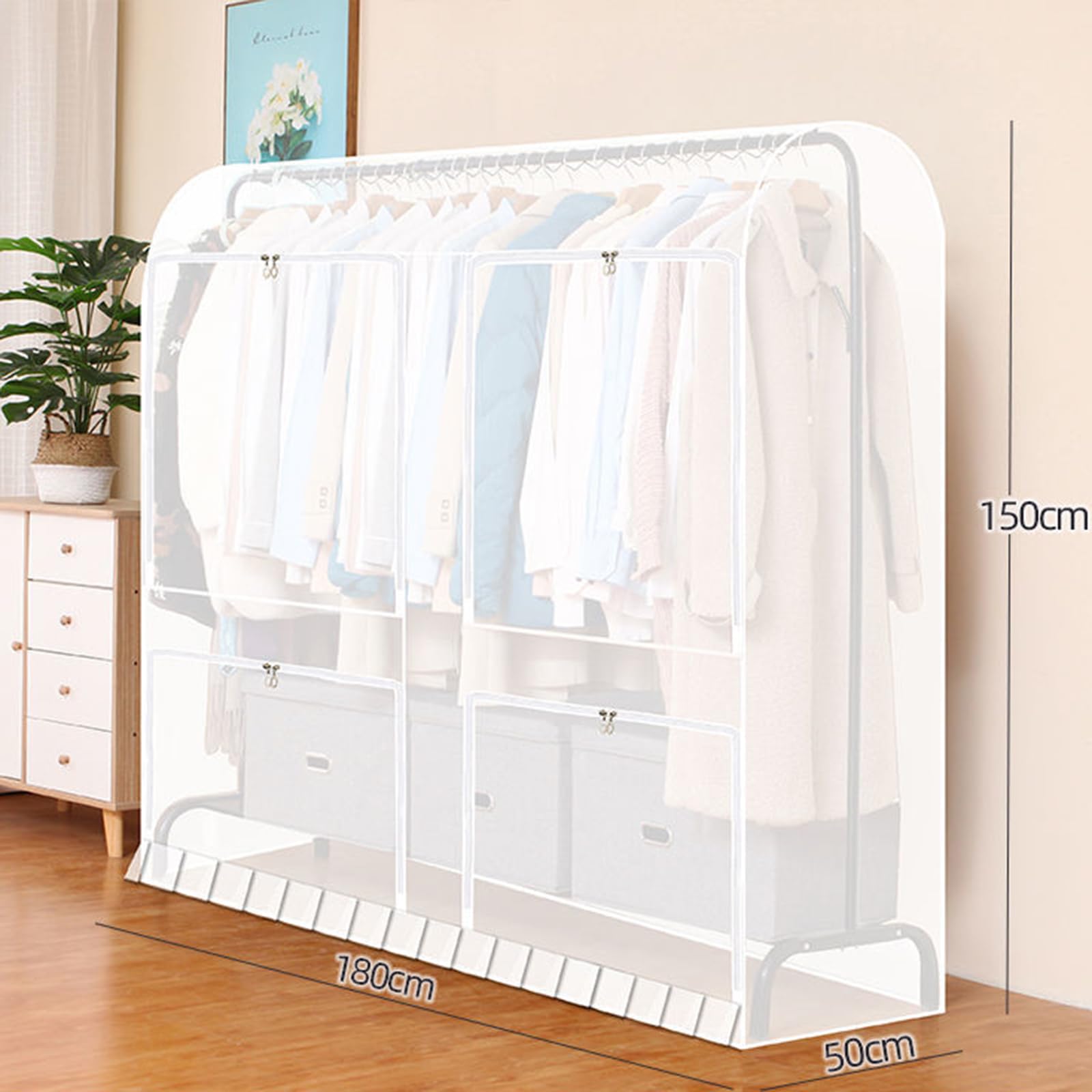 Fundas para Ropa, Rejilla de Secado en el Piso con Ventanas múltiples, Cubierta lúcido, Bolsas para Ropa con Cremallera para Trajes, Vestidos, 110 x 150 x 50 cm, Blanco (Blanco 160x150x50cm)