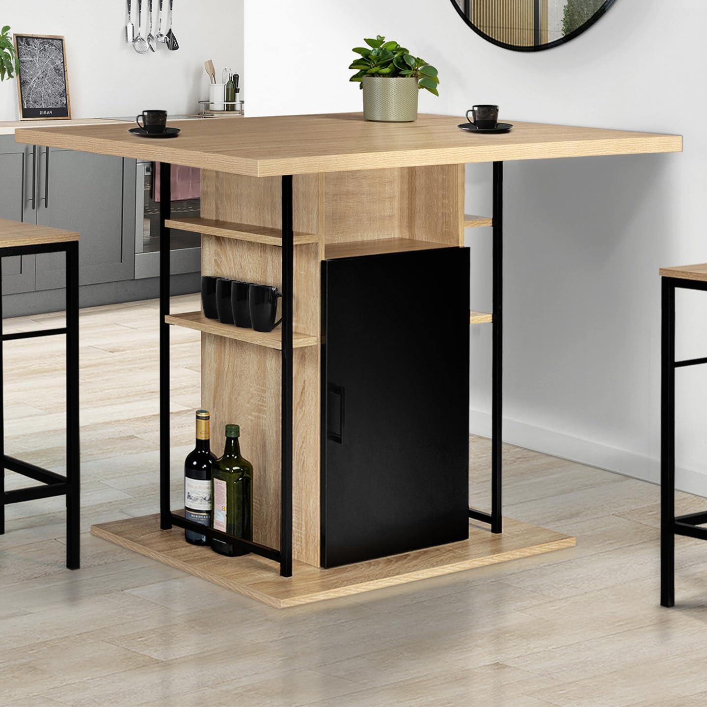 IDMarket - Ilot central UGO 110 cm bois noir et imitation hêtre avec rangements design industriel