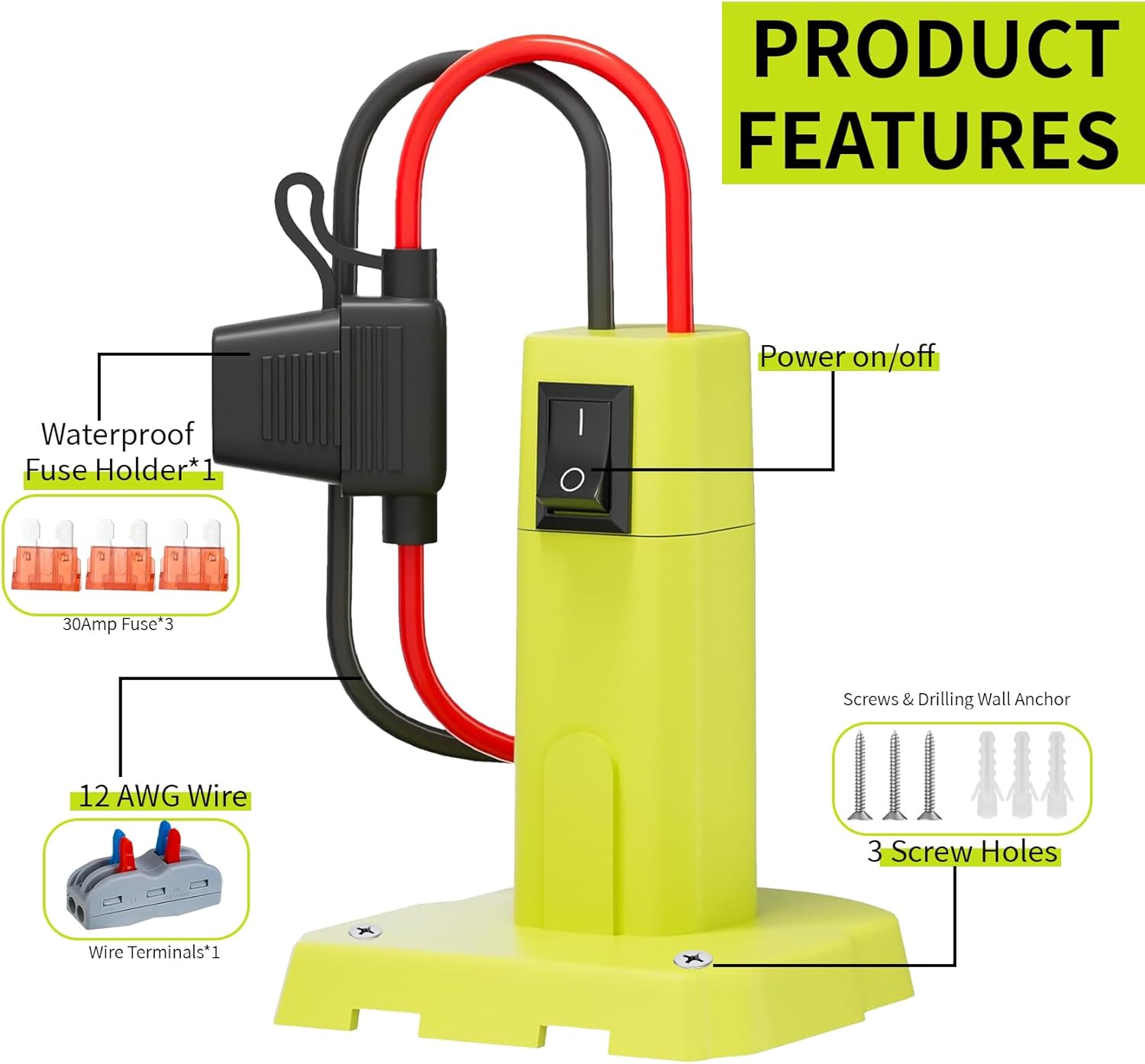 Power Wheel Adapter for Ryobi 18V Battery Adapter Power Wheel Battery Conversion Kit with Switch, Fuses & Wire Terminals, 12AWG Wire, Power Connector for DIY RC Car Toys and Robotics (No Battery)