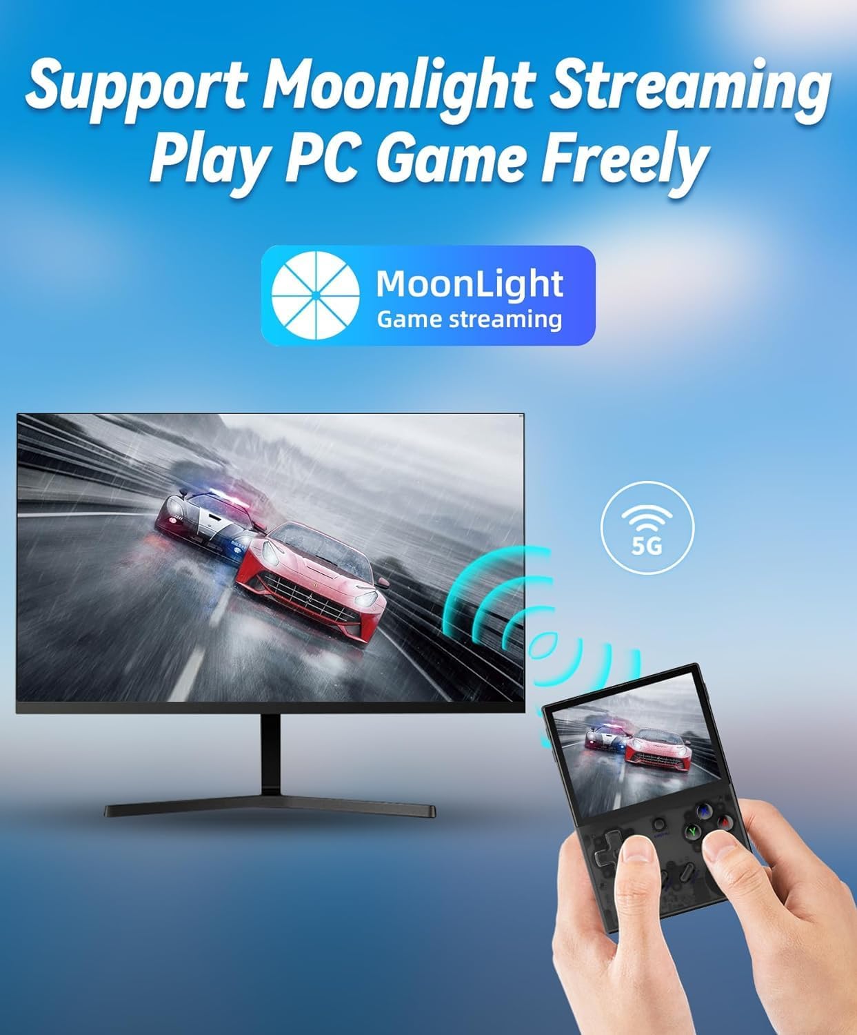 RG35XX Plus connected to a monitor for Moonlight Streaming