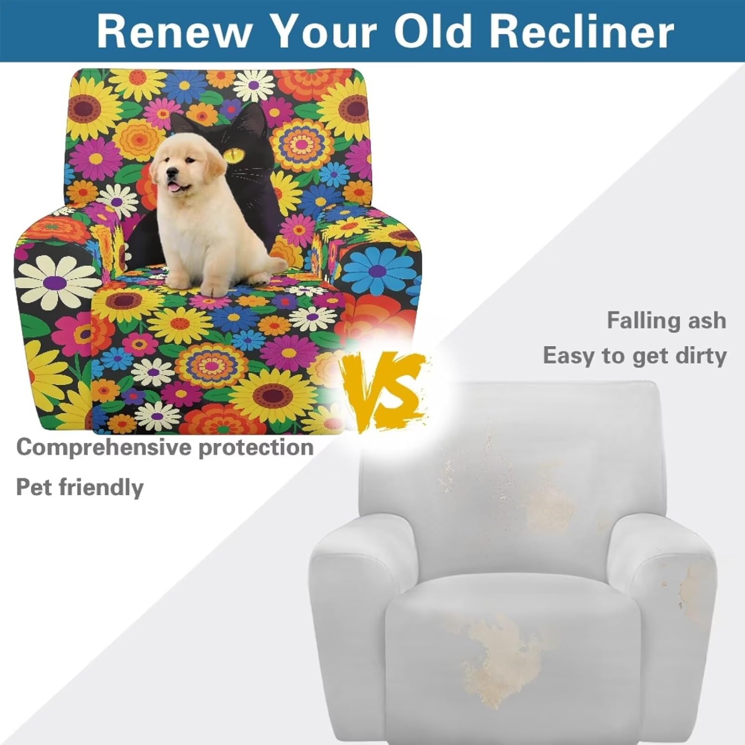 Hippie Flower Black Cat Daisy Print Recliner Slipcover Washable Couch Cover with Non Slip and Elastic Straps 4 Pieces Recliner Chair Cover Stretch Sofa Slipcover with Storage Pocket