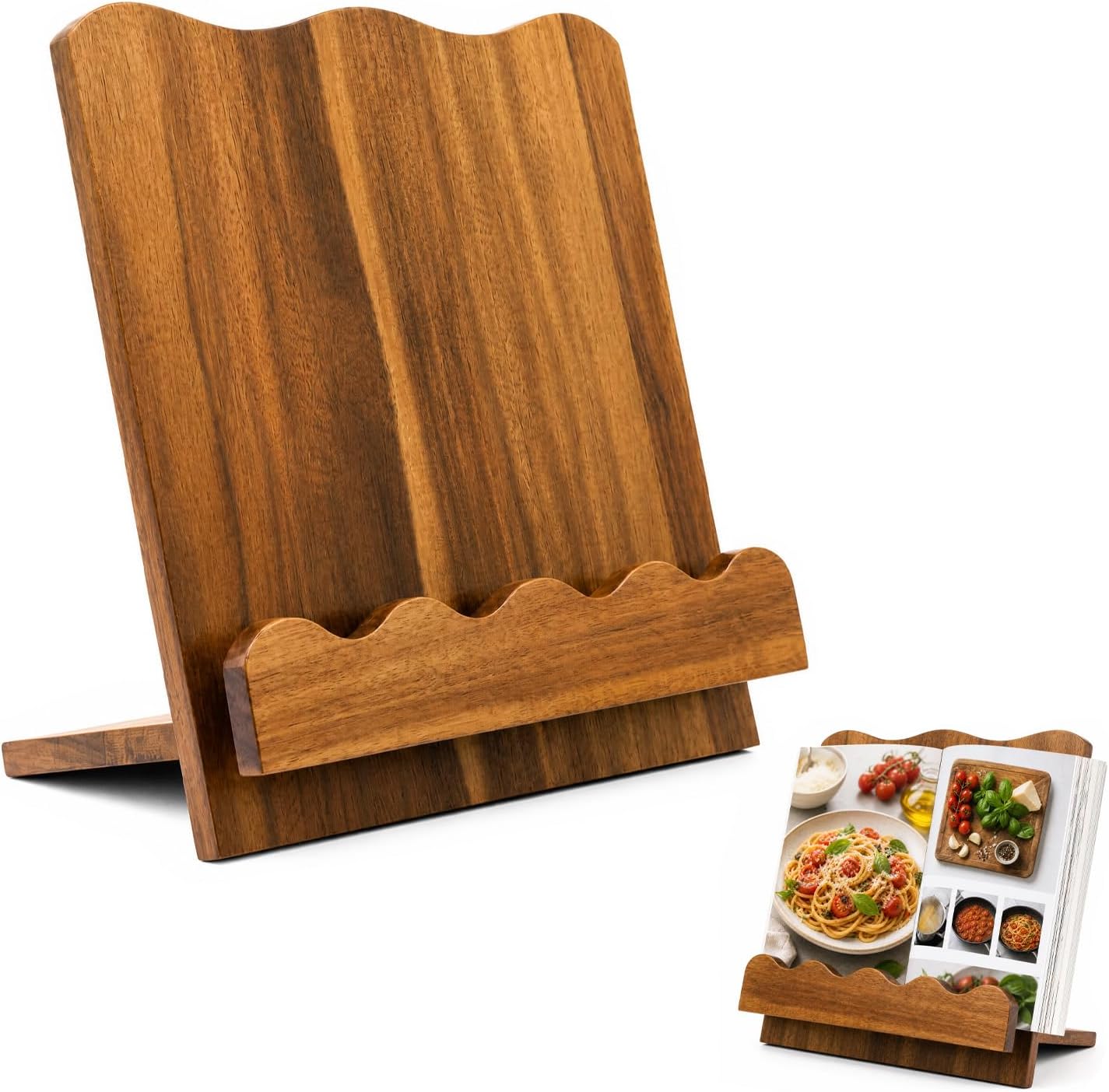 Acacia Wood Cookbook Stand, Recipe Book Holder Keeps Pages Open