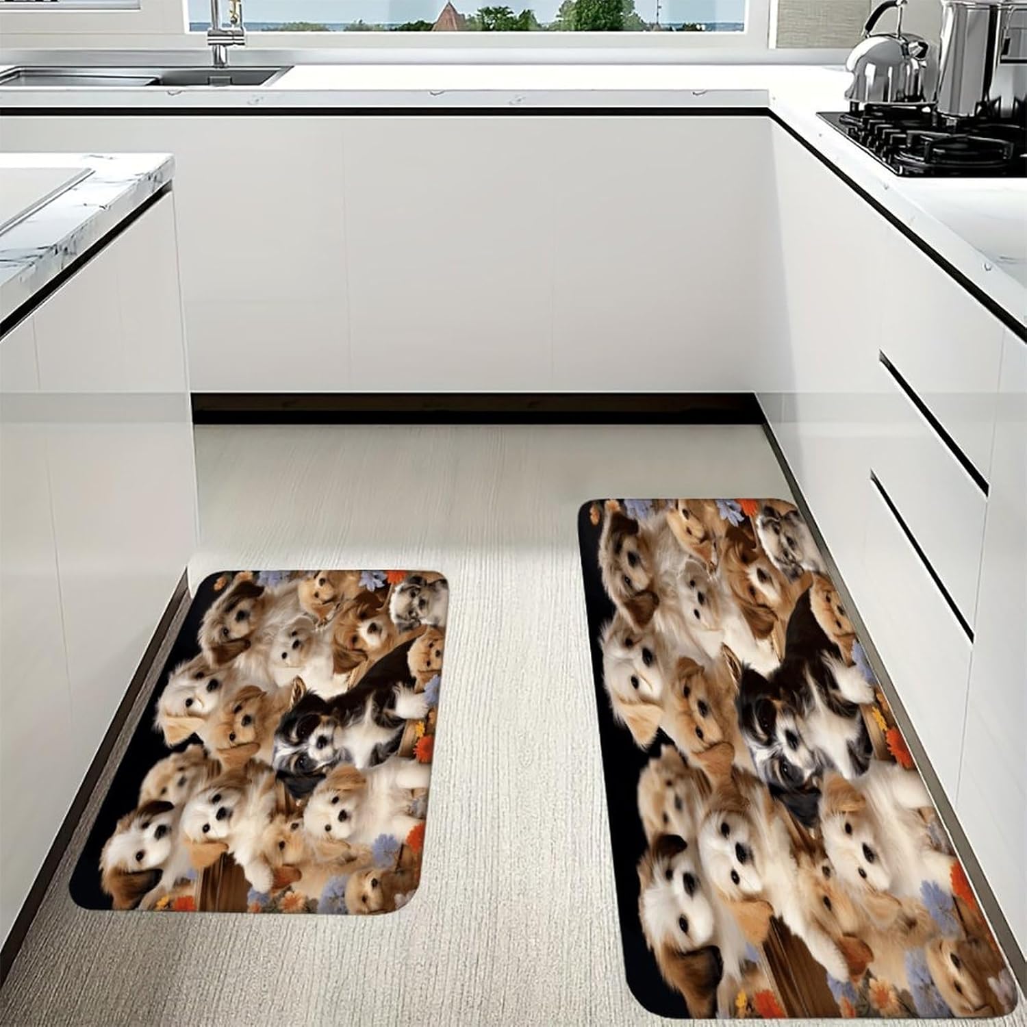 Cute Pet Dogs Kitchen Mat Set of 2 Ergonomic Comfort Velvet Rugs Cushioned Anti-Fatigue Non-Slip Standing Mats Thick Kitchen Floor Mat Carpet Runner Rugs 16"×24"+17"×47"