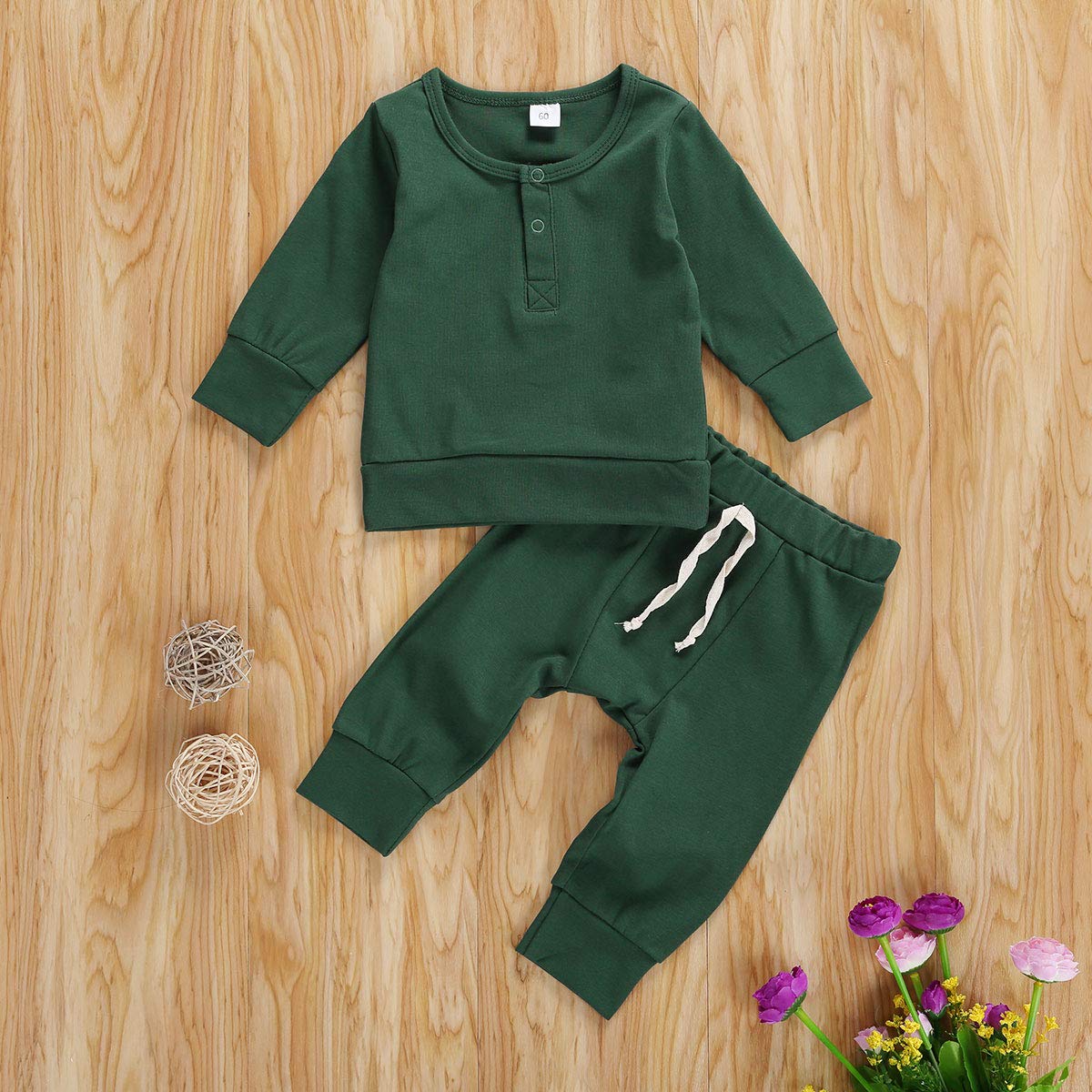 jiaoutky Infant Baby Boy Girl Fall Winter Clothes Outfit Solid Color Tops and Pants Kids Sweatsuit 2 Pieces Clothes Set (Green A, 12-18 Months)