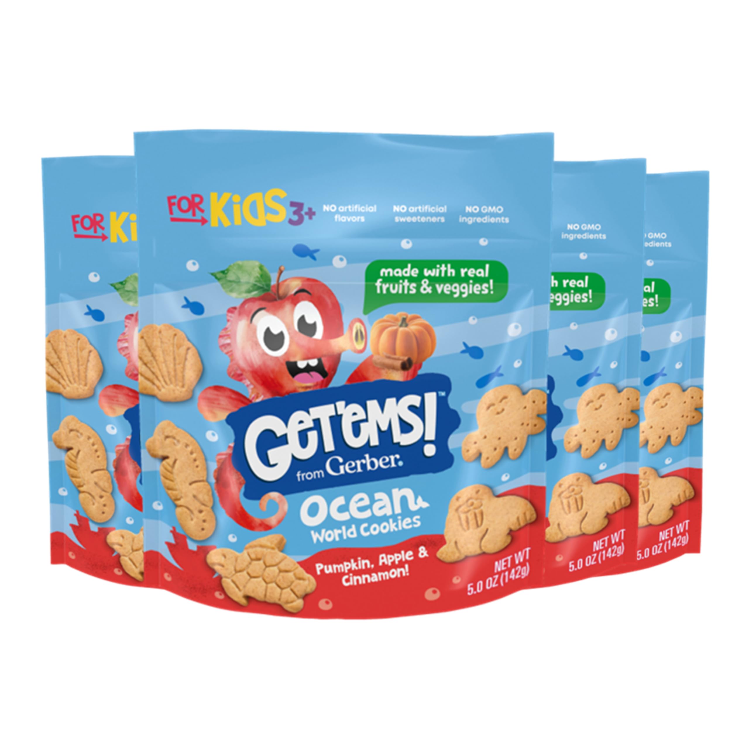 Get'ems! Gerber Kürbis, Apfel & Zimt Ocean World Cookies, Kinder-Snack aus echtem Gemüse und Obst, Eisen und Vitamin E