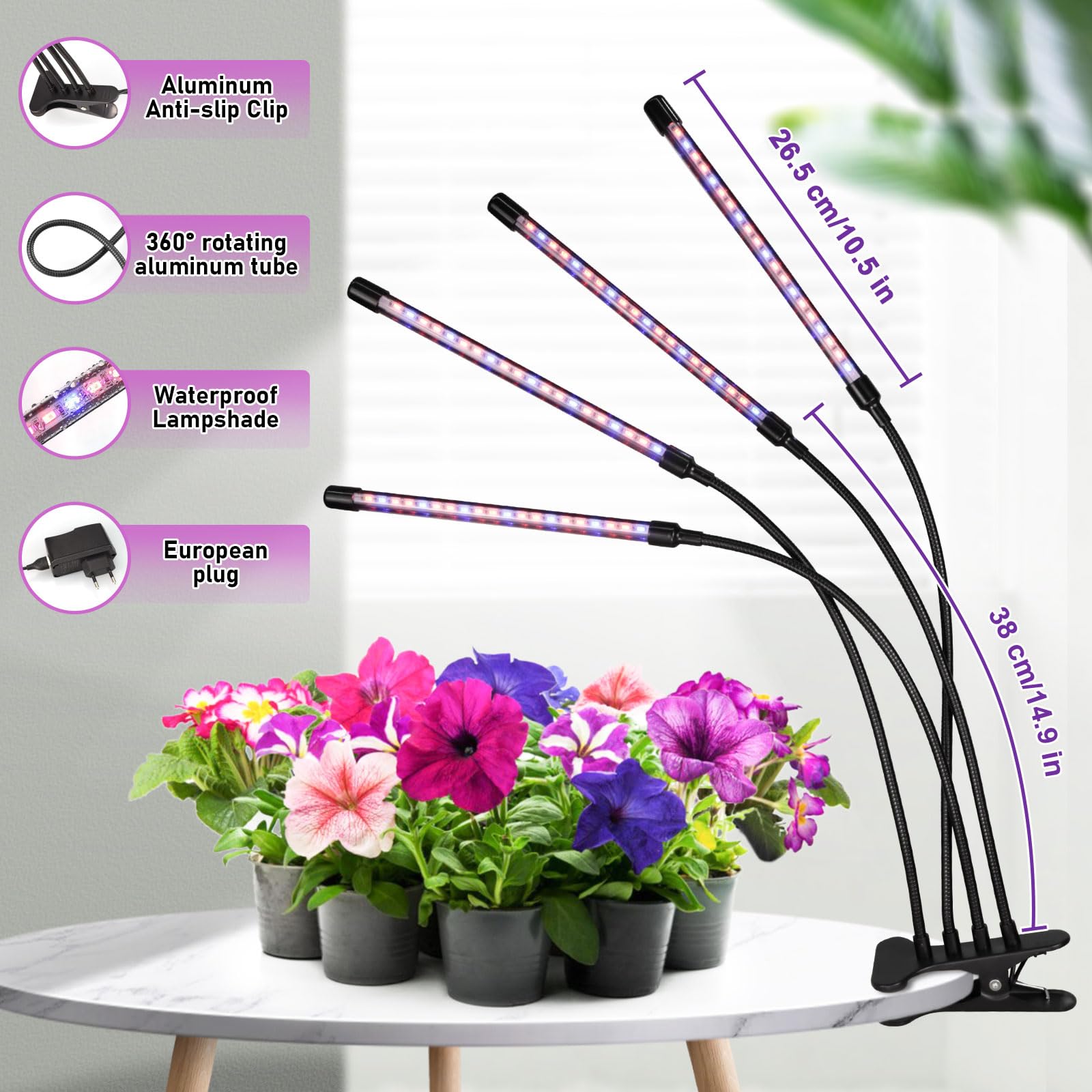 Pflanzenlampe LED, Pflanzenlicht 80 LEDs, Wachstumslampe für Pflanzen, 4000K Pflanzenleuchte, Grow Light mit 10 Helligkeit, 3 Lichtmodi, 4 Köpfe，Wachstumslampe mit automatischem ON/OFF 4/8/12H Timer
