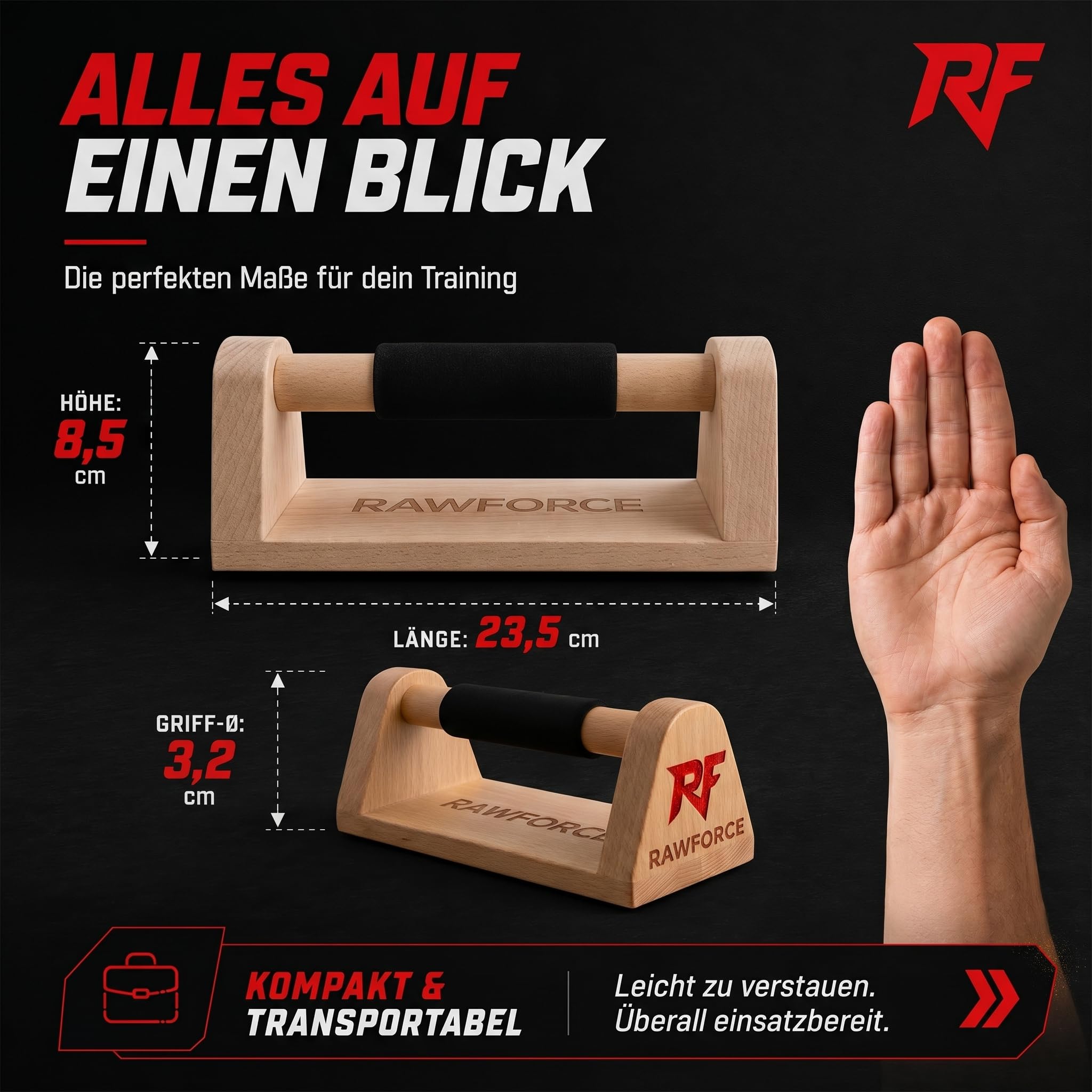 RawForce 2x Liegestützgriffe aus Holz - Joint-Friendly & Rutschfest - Parallettes Push Up Bar - Handstand Griffe - Liegestützbrett - Liegestütze & Calisthenics Equipment - Von Profi Entwickelt
