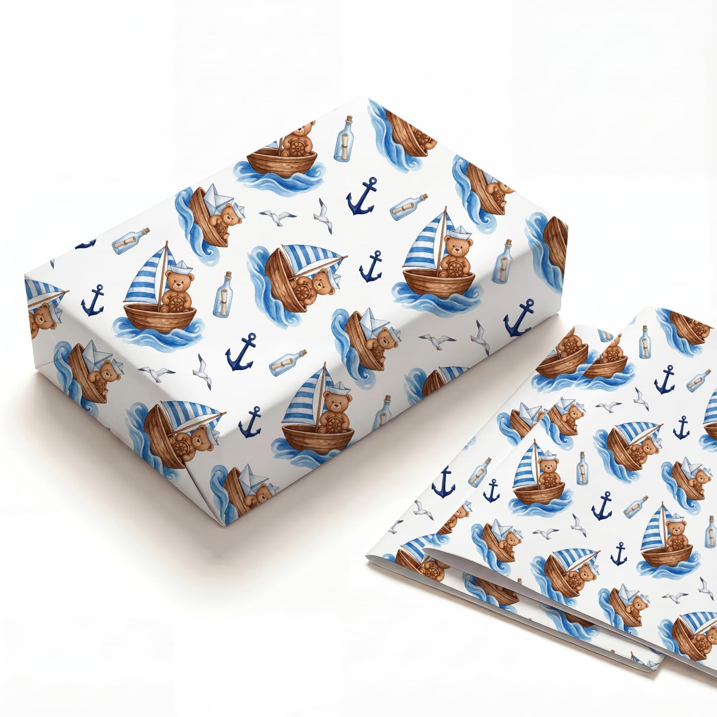 SHSEEN Nautical Bear Boat Wrapping Paper, 2 Sheets, 19.6 x 27.5 in — image 1