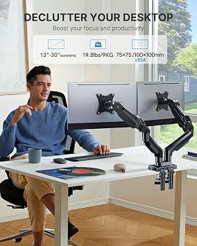 HUANUO Dual Monitor Stand - Full Adjustable Monitor Desk Mount Swivel Vesa Bracket with C Clamp, Steel Monitor Mount Reinforcement Plate for Thin, Glass and Other Fragile Tabletop