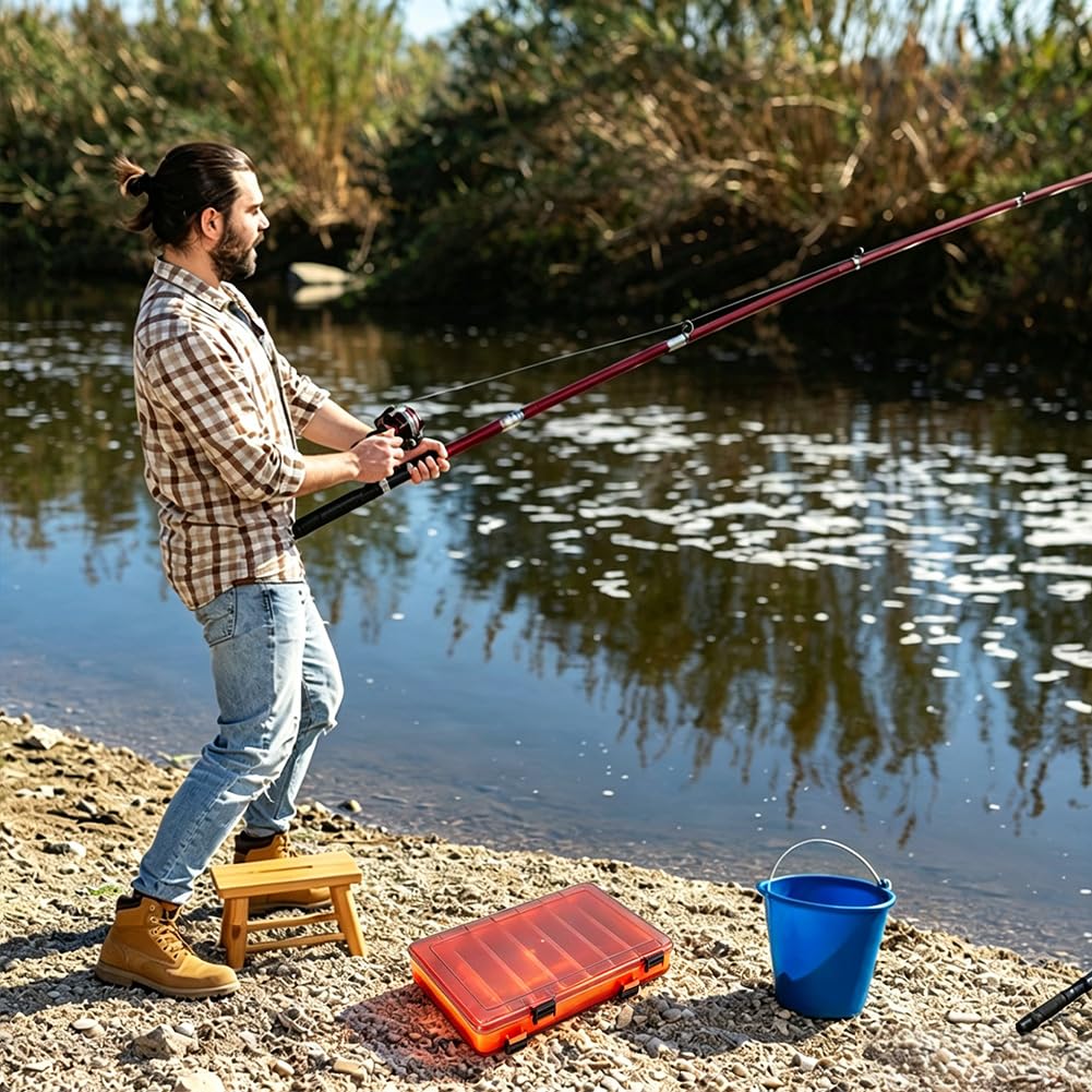WEBEEDY Paquete de 4 cajas de señuelos de pesca de doble cara, caja de aparejos, 27,5 x 18 x 4,75 cm, plástico translúcido, almacenamiento de señuelos de pesca con hebilla para organizador de cebos de
