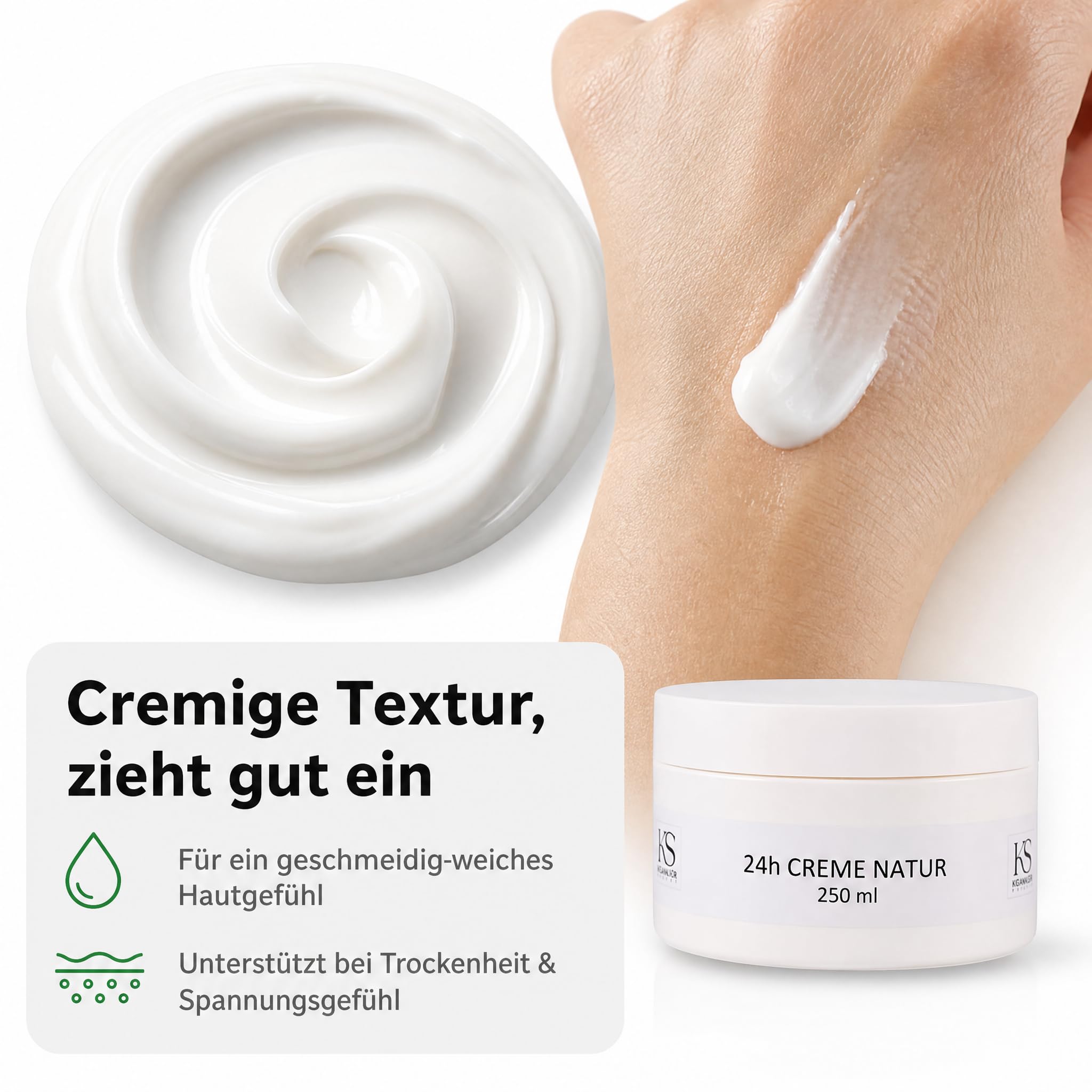 KS Beauty 24h Creme Natur – Tages- & Nachtcreme mit Aloe Vera, Kokosöl, Q10, Niacinamid & Vitamin E (250 ml)