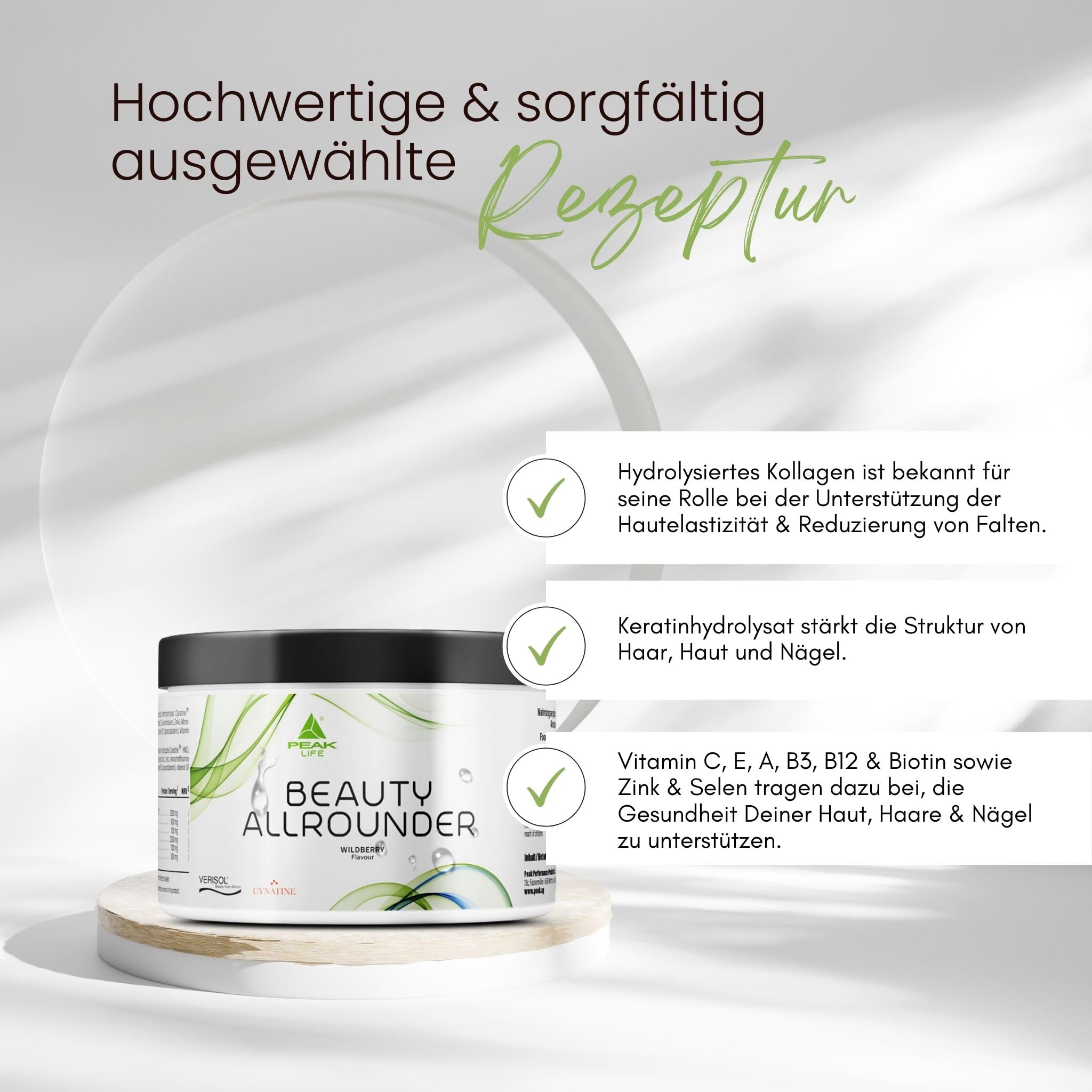 PEAK Beauty Allrounder - 240g Geschmack White Tea Peach I 30 Portionen I Haut Haare Nägel Komplex mit Kollagen (VERISOL®), Keratin (Cynatine® HNS), Hyaluronsäure und Biotin. Mit Vitaminen.